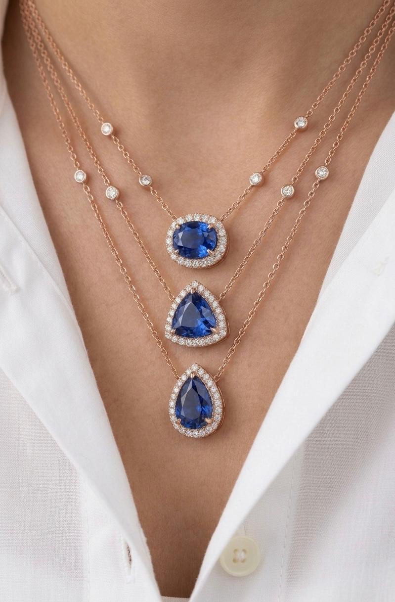 Blue Sapphire Trinity Necklace | 14K Gold Layered Moissanite Halo Pendant