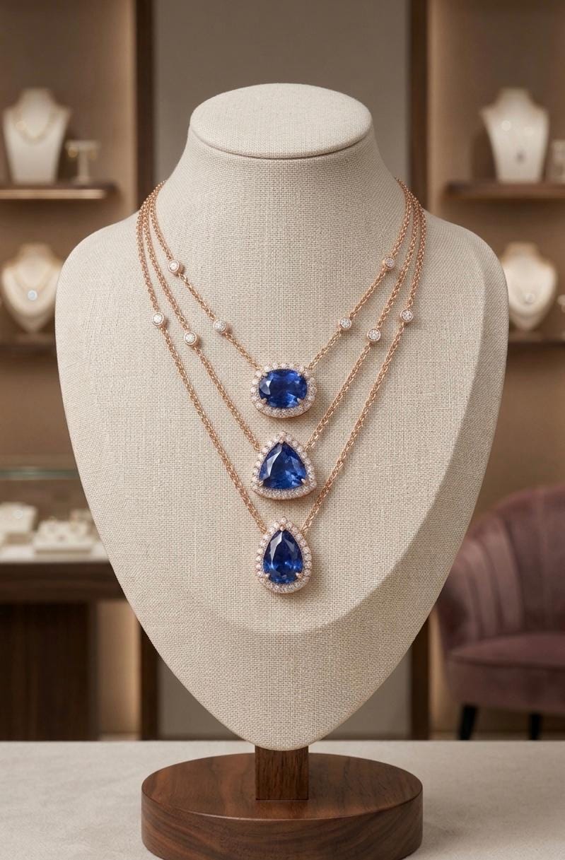 Blue Sapphire Trinity Necklace | 14K Gold Layered Moissanite Halo Pendant