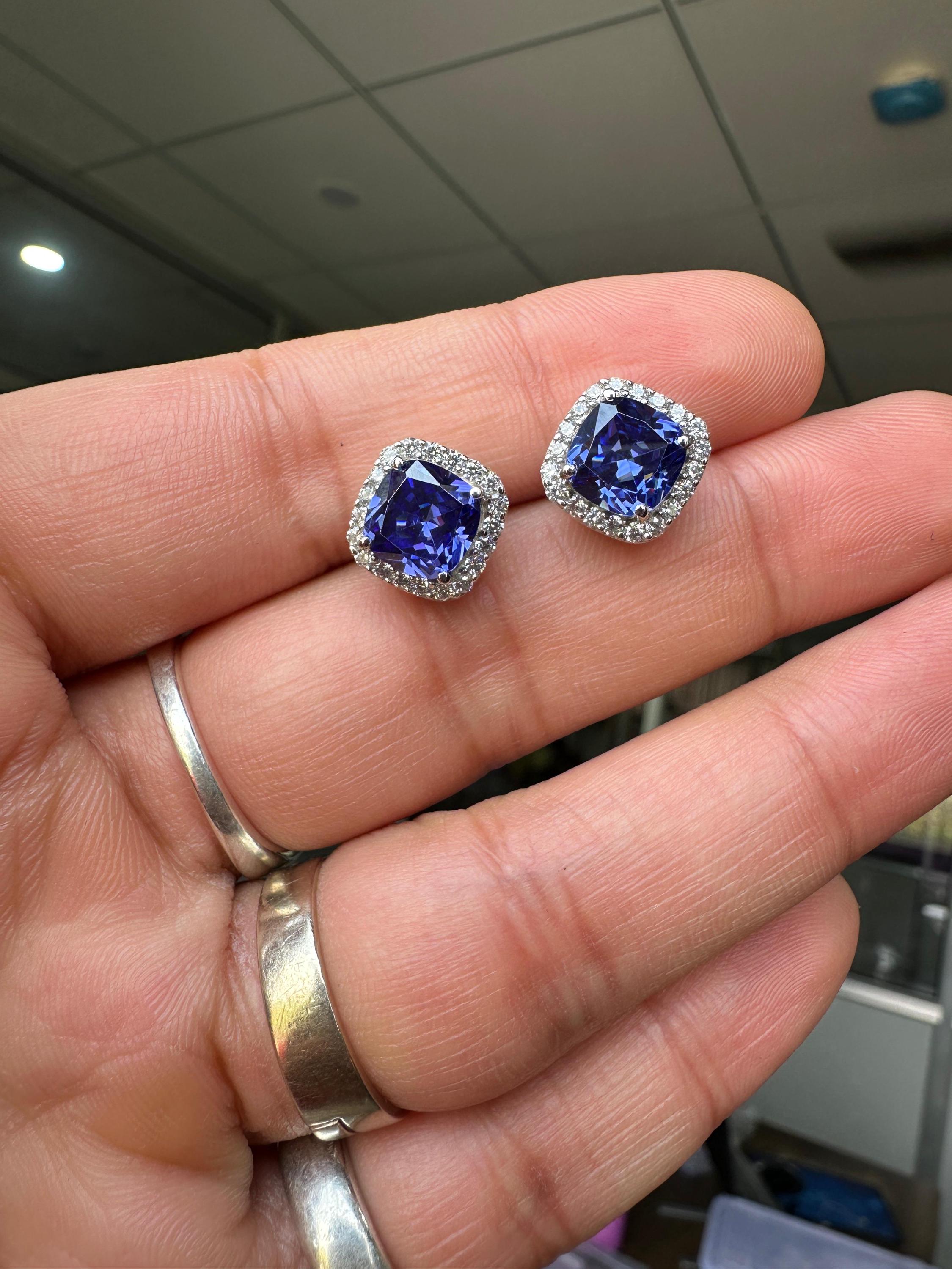 Cushion Cut Tanzanite Halo Stud Earrings | 14K White Gold Lab Diamond Accents