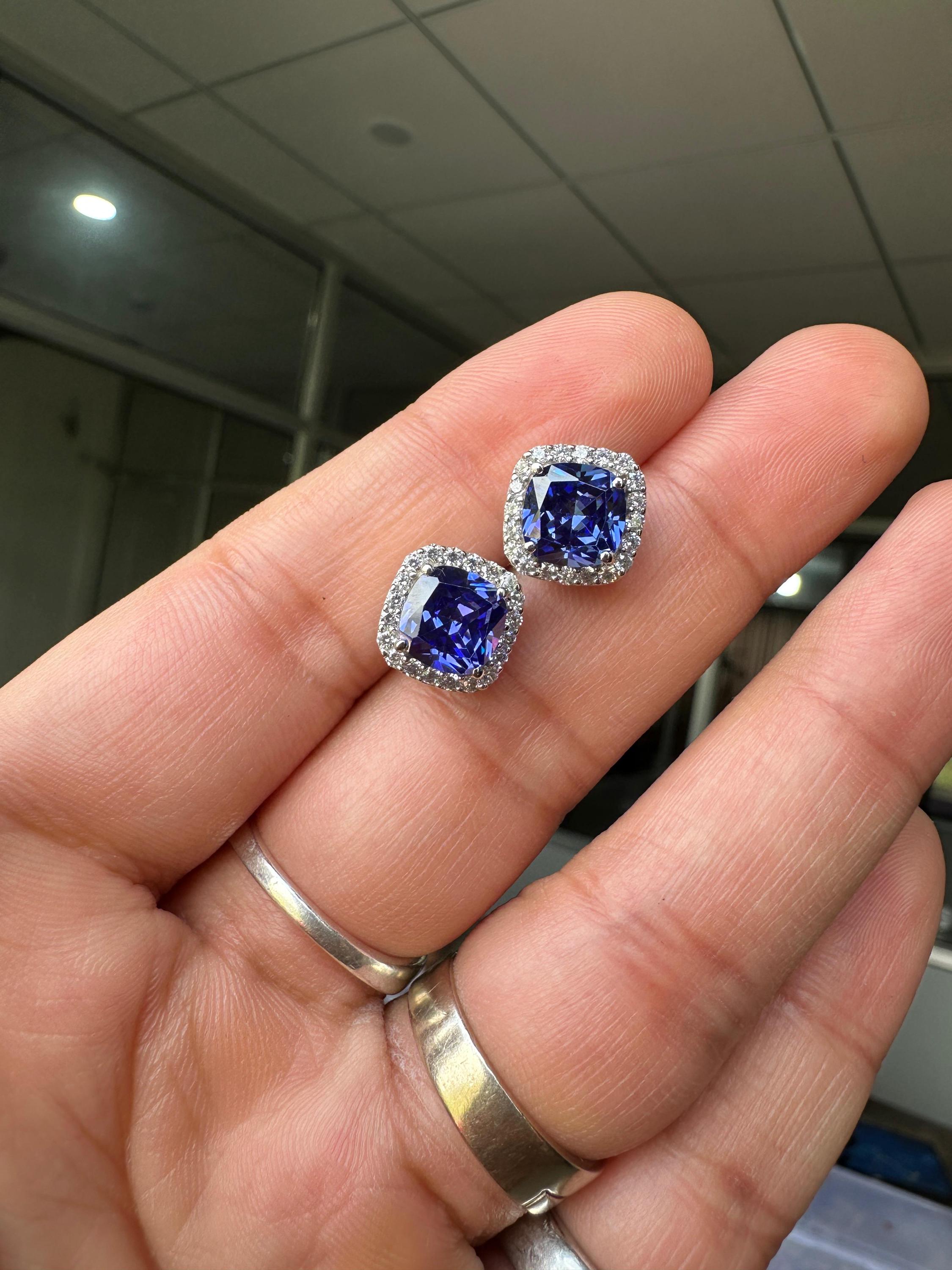 Cushion Cut Tanzanite Halo Stud Earrings | 14K White Gold Lab Diamond Accents