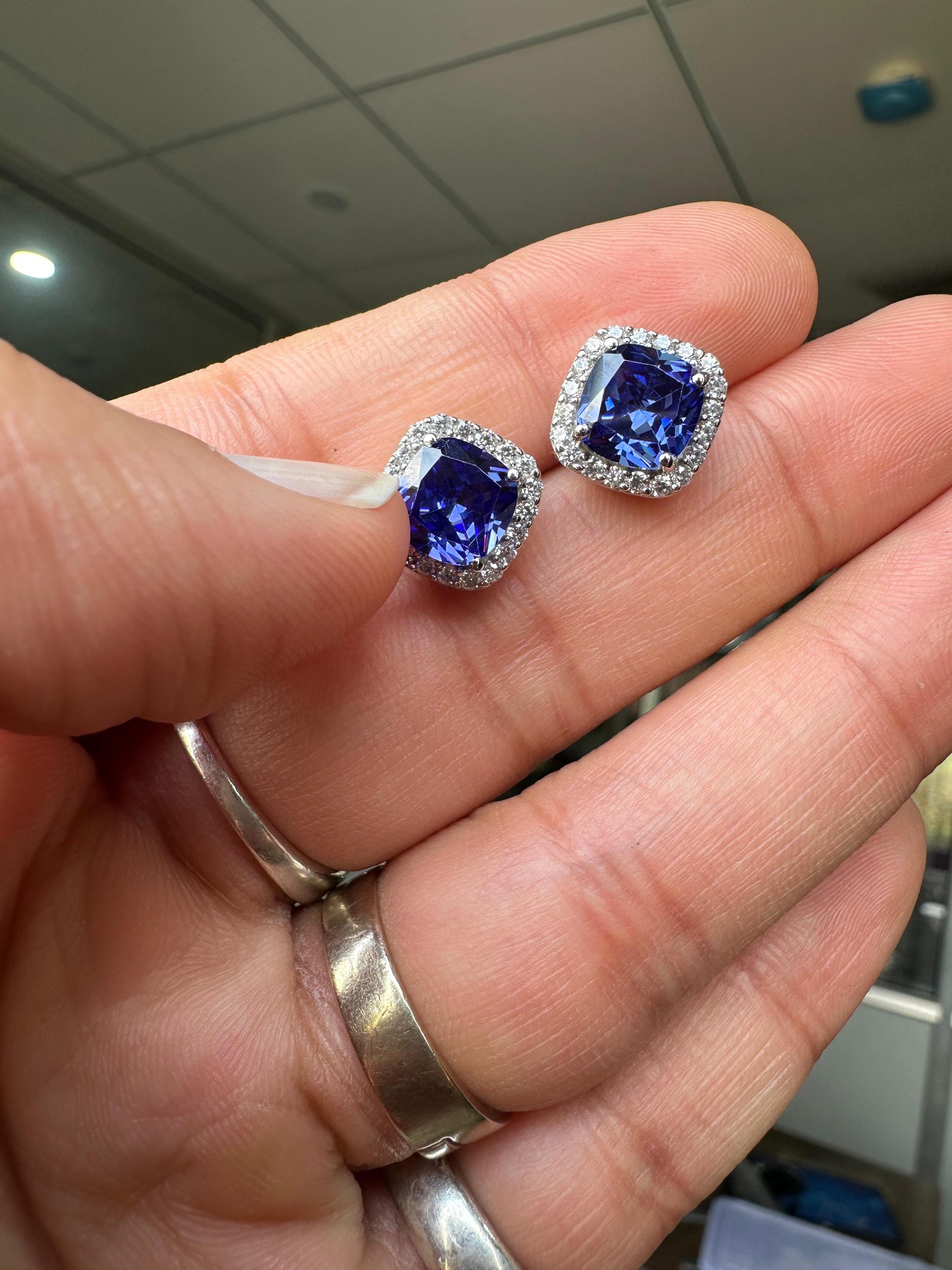 Cushion Cut Tanzanite Halo Stud Earrings | 14K White Gold Lab Diamond Accents
