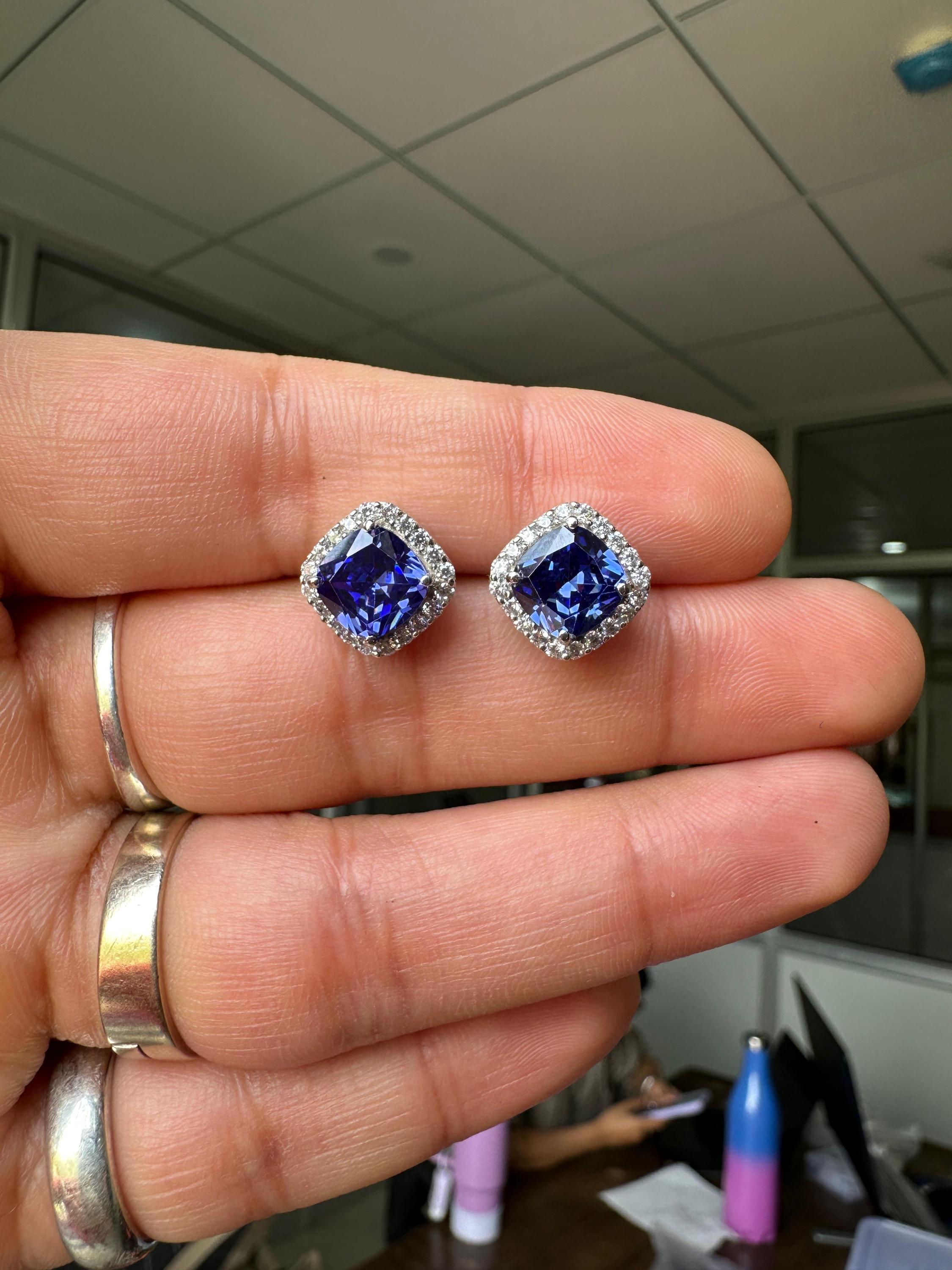 Cushion Cut Tanzanite Halo Stud Earrings | 14K White Gold Lab Diamond Accents