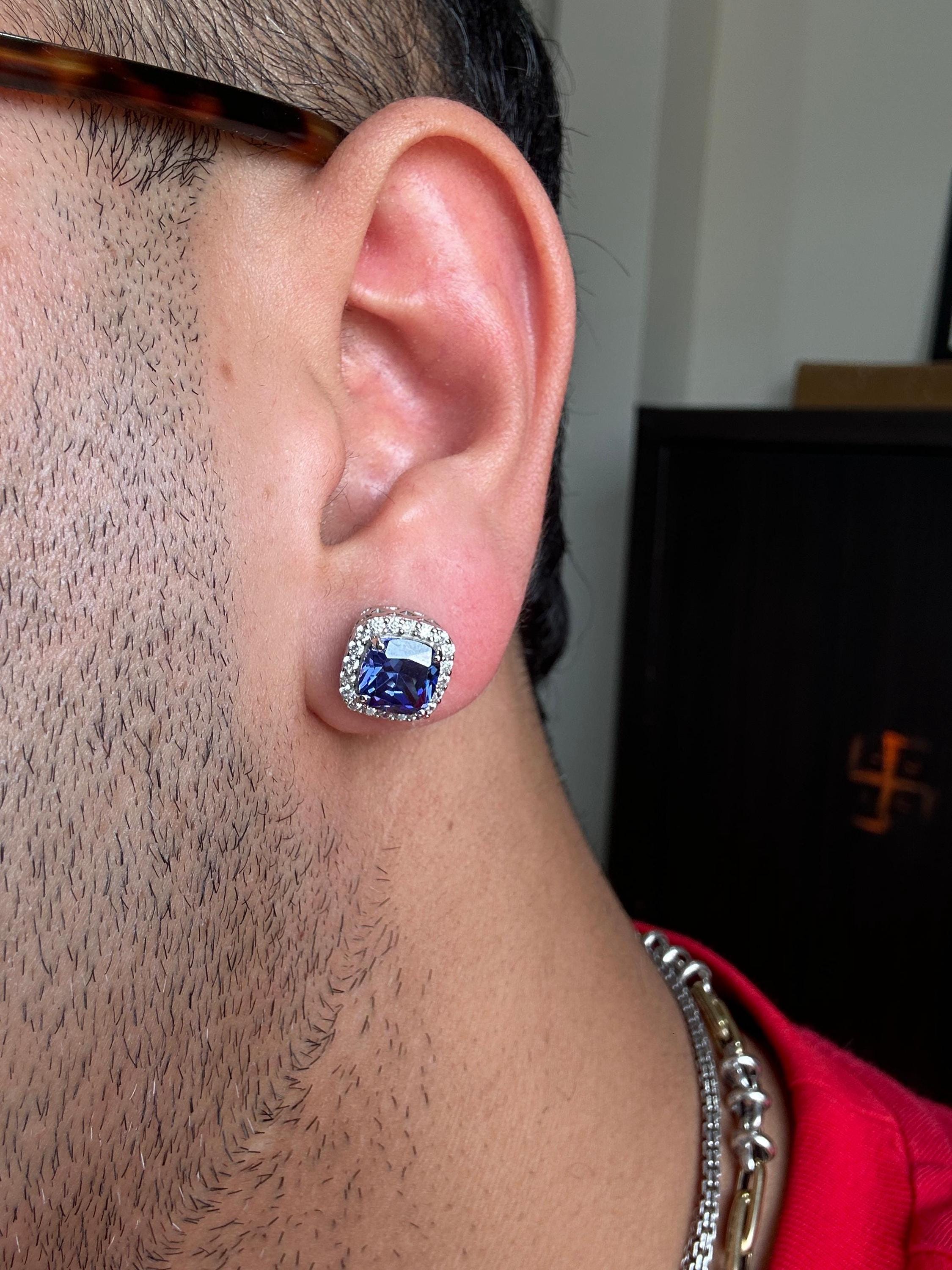 Cushion Cut Tanzanite Halo Stud Earrings | 14K White Gold Lab Diamond Accents
