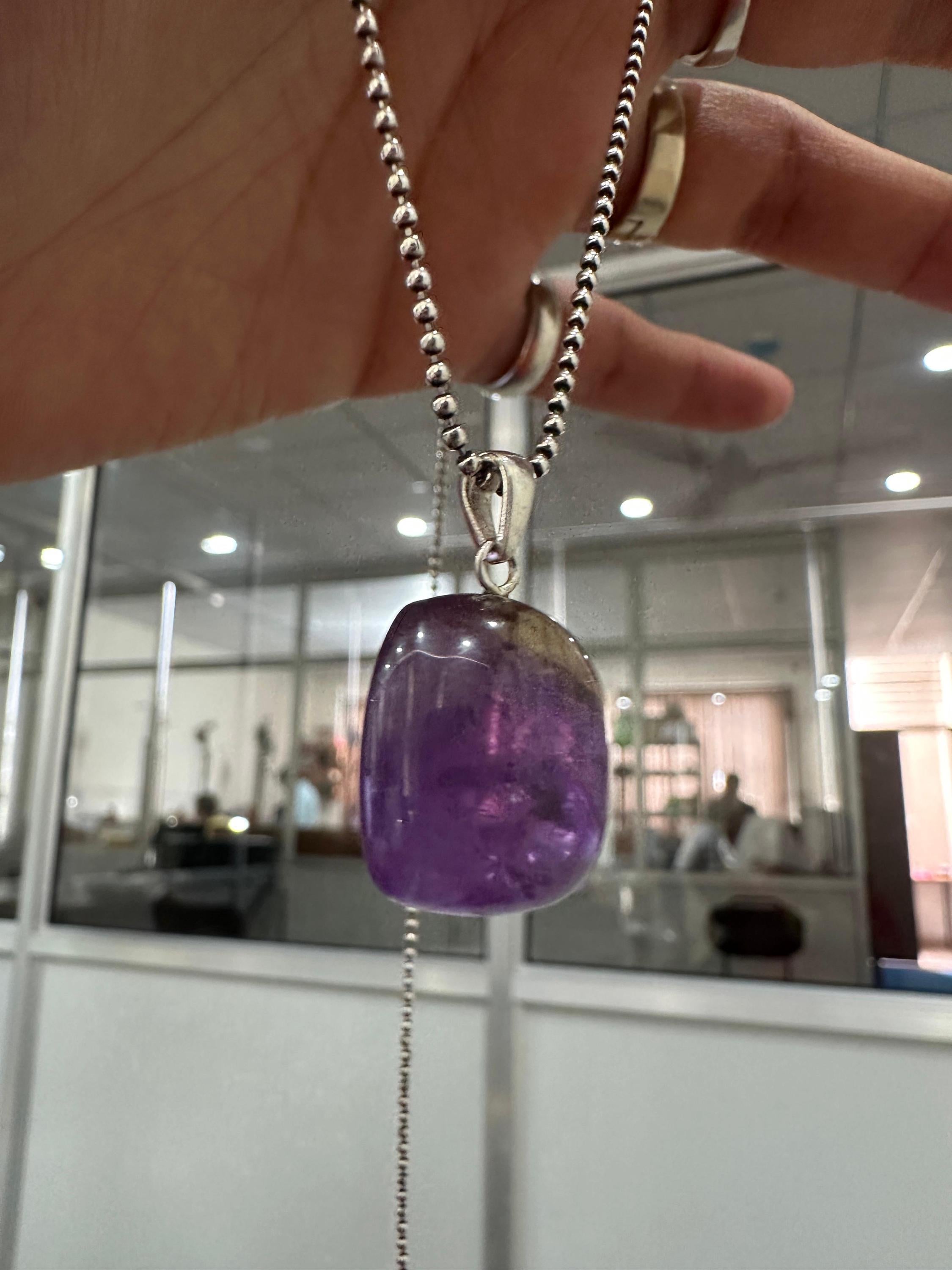 Amethyst Ametrine Cushion Cube Pendant Necklace, 925 Silver Ball Chain, Unisex Crystal Jewelry