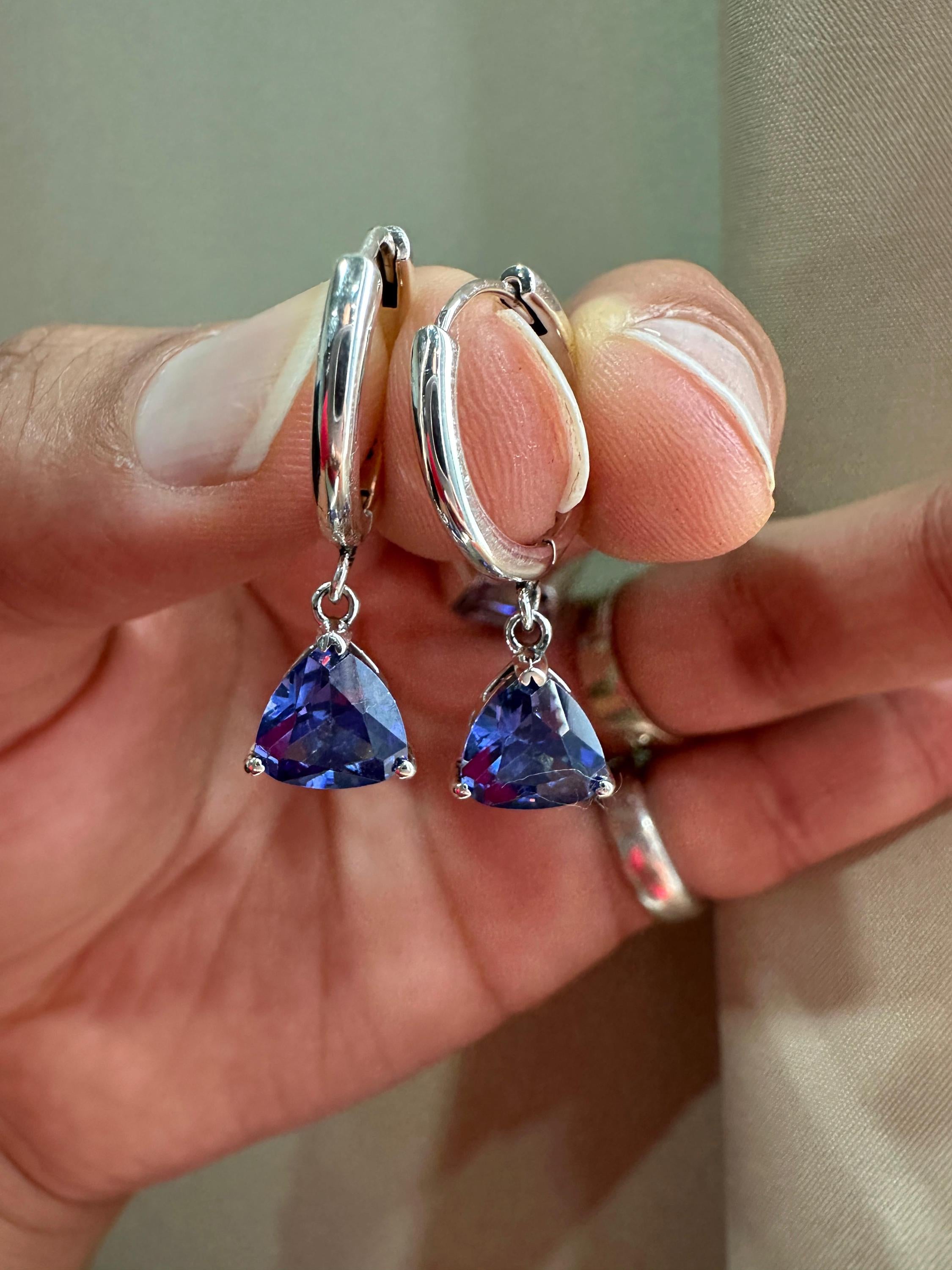 14K Gold Tanzanite Hoop Earrings, Trillion Cut Blue Gemstone, Luxury Drop Jewelry