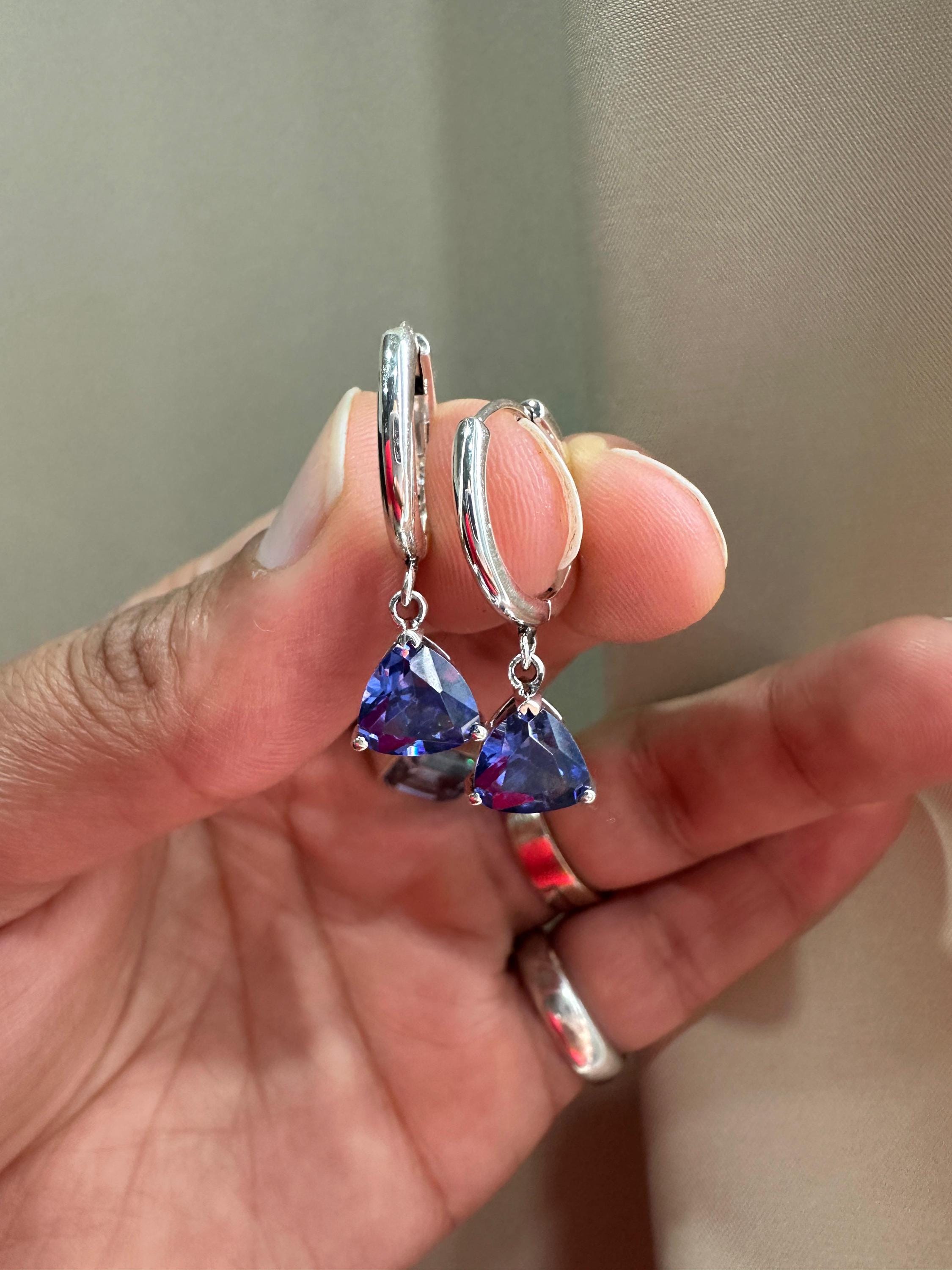 14K Gold Tanzanite Hoop Earrings, Trillion Cut Blue Gemstone, Luxury Drop Jewelry