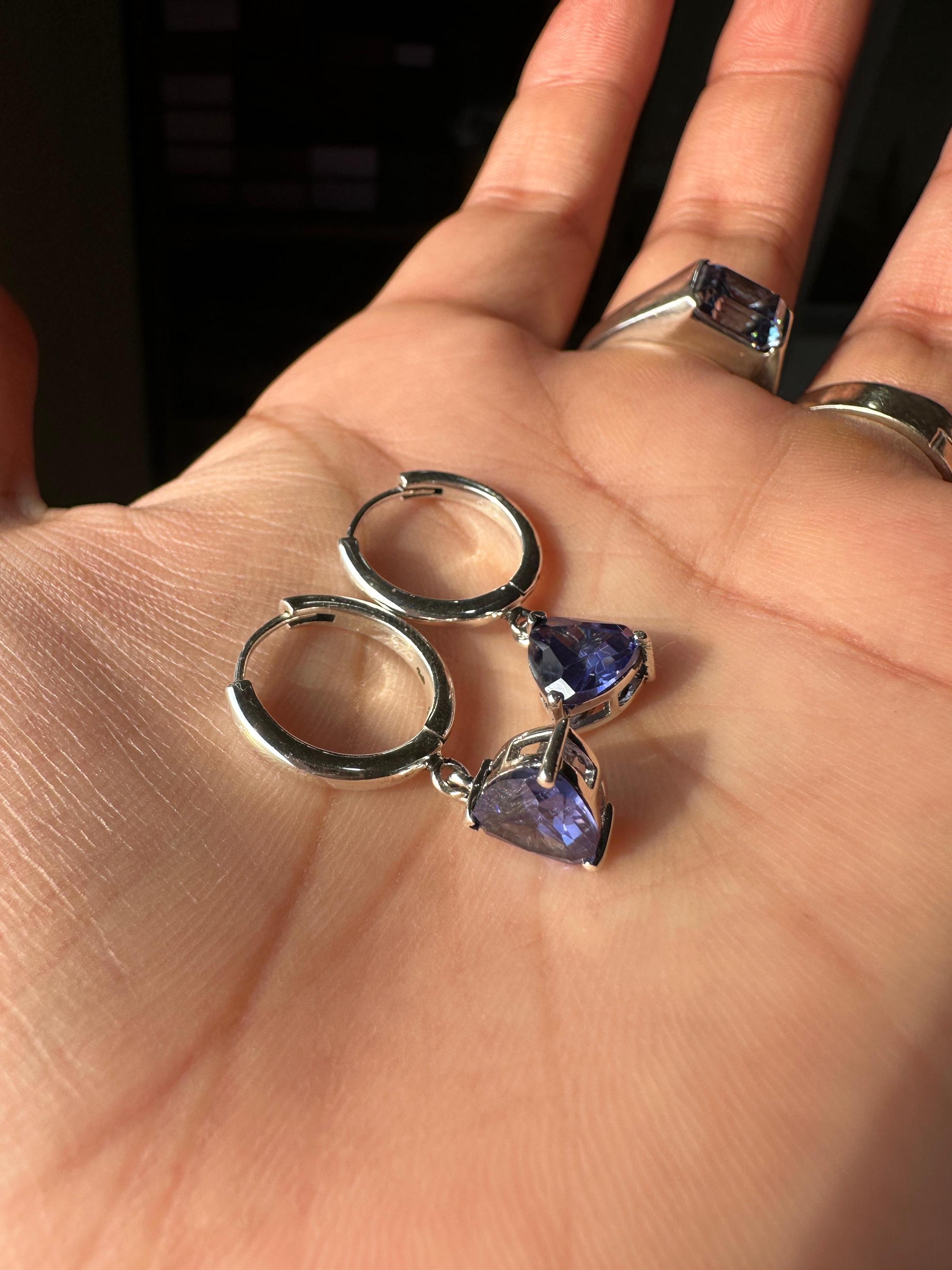 14K Gold Tanzanite Hoop Earrings, Trillion Cut Blue Gemstone, Luxury Drop Jewelry