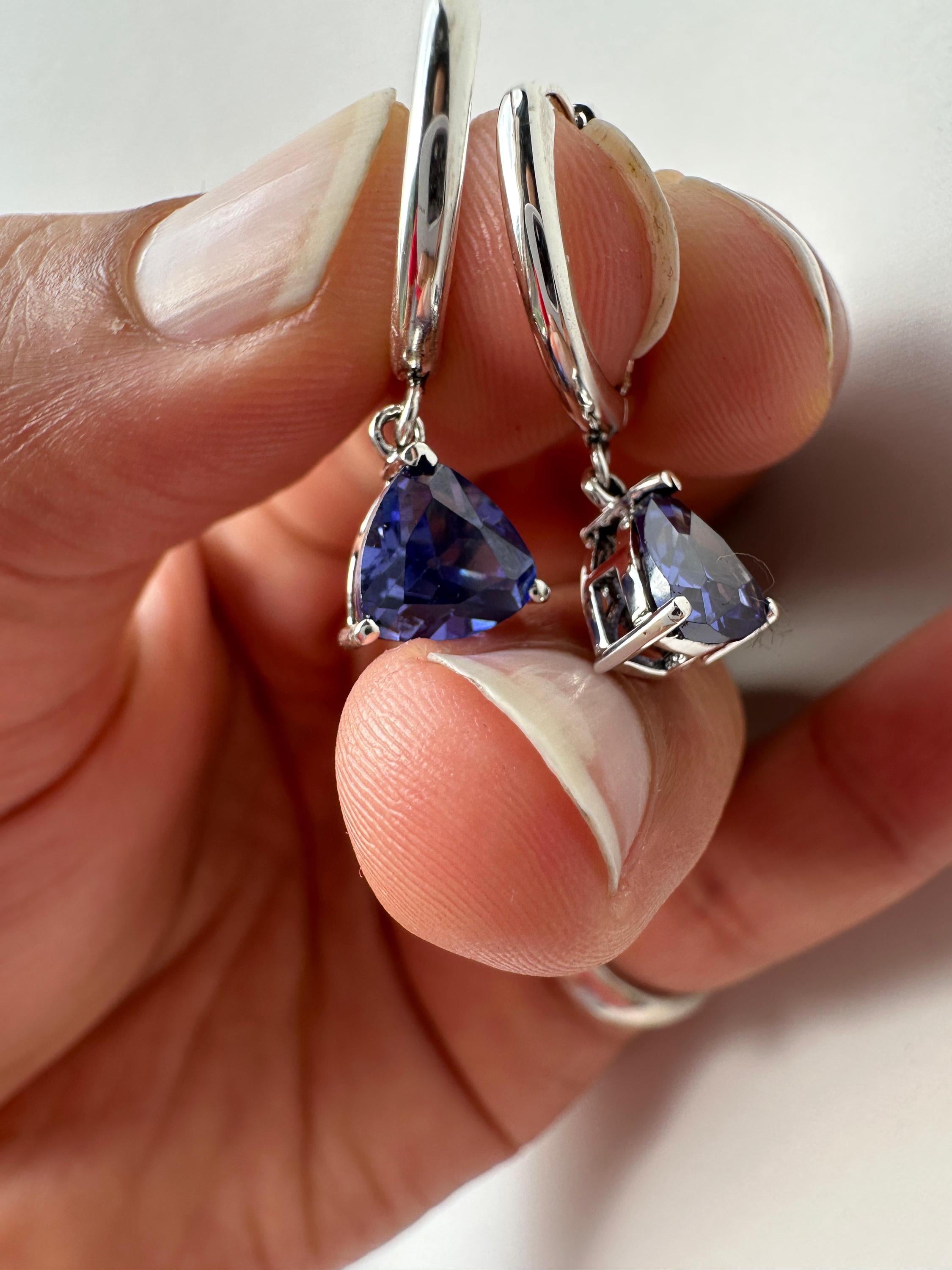 14K Gold Tanzanite Hoop Earrings, Trillion Cut Blue Gemstone, Luxury Drop Jewelry