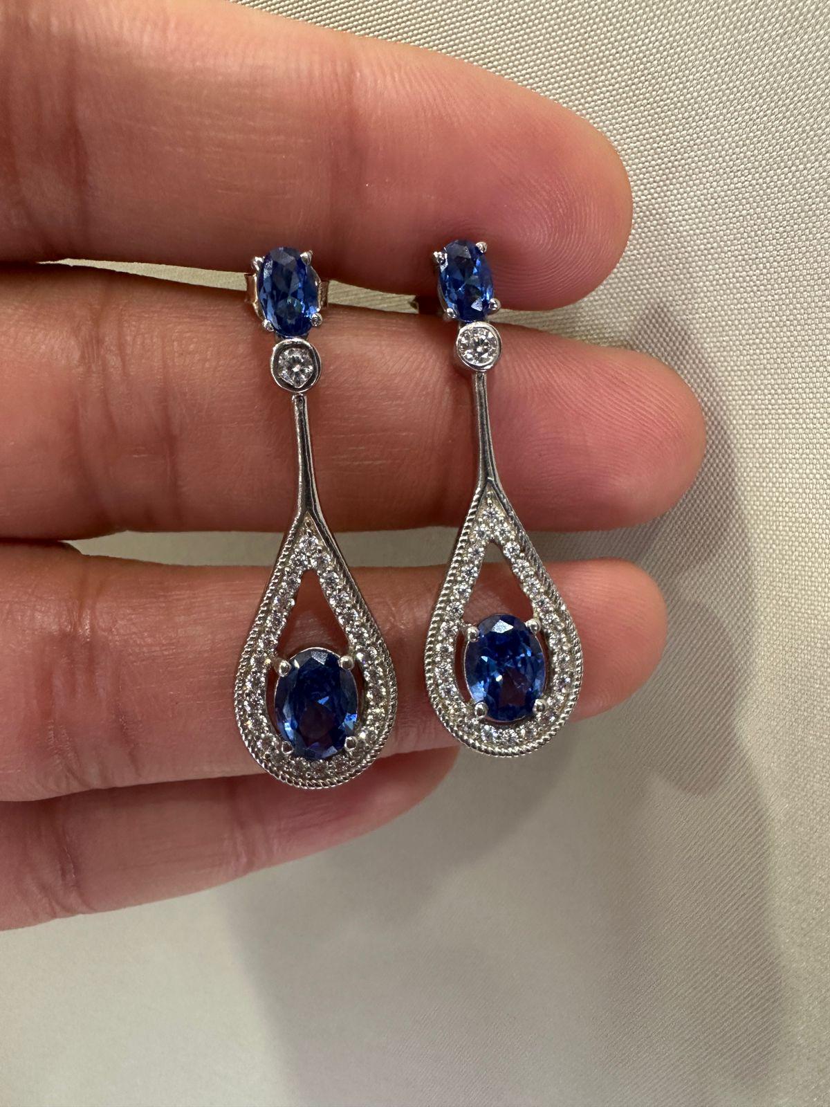 Blue Sapphire Drop Earrings | 14K White Gold Halo Dangle Drop Bridal Jewelry