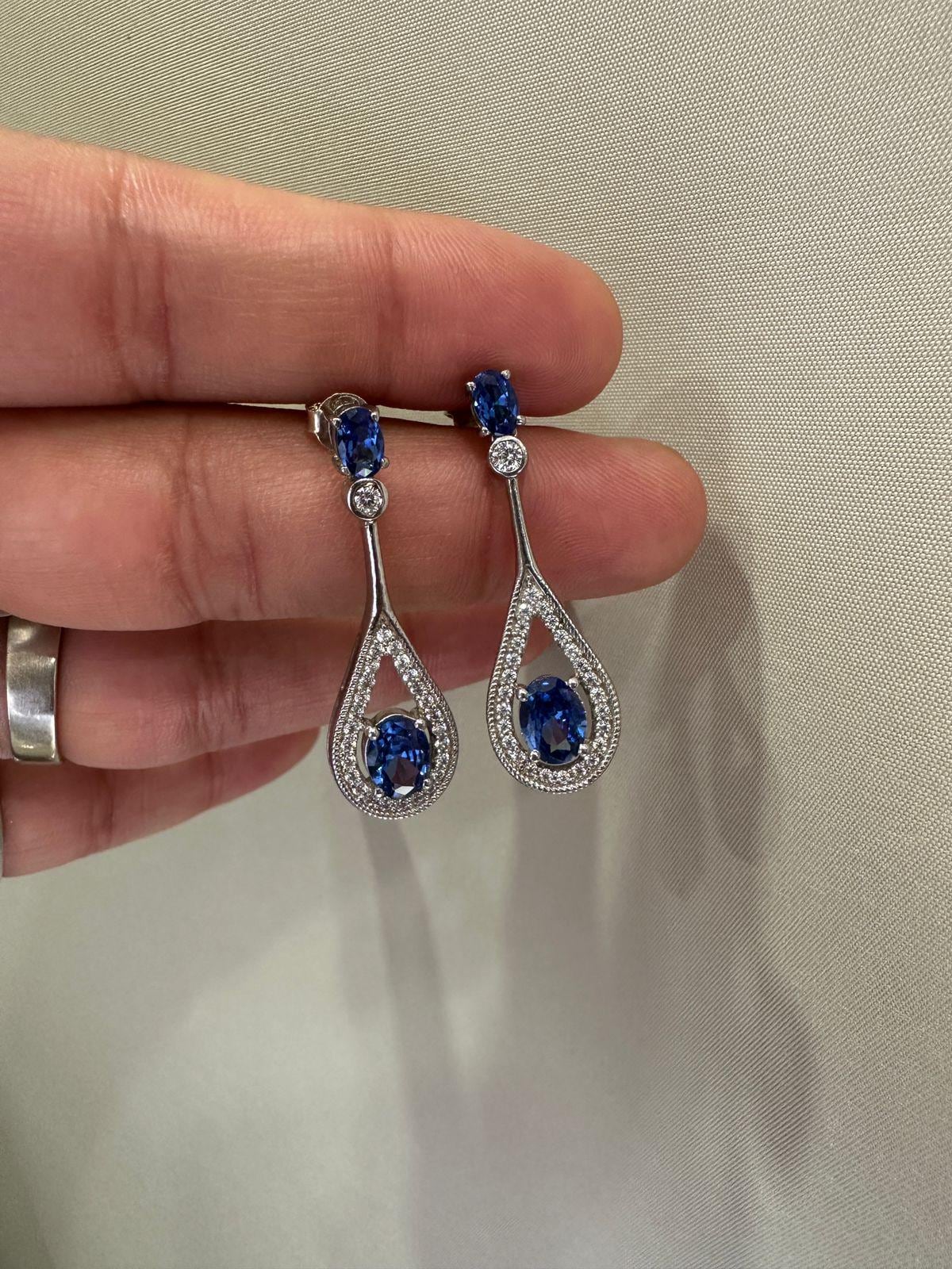 Blue Sapphire Drop Earrings | 14K White Gold Halo Dangle Drop Bridal Jewelry