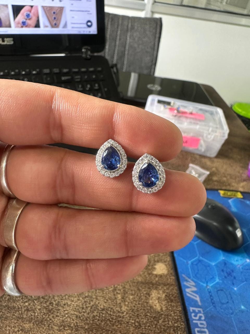 Pear Cut Blue Sapphire Halo Stud Earrings | 925 Sterling Silver Bridal Jewelry