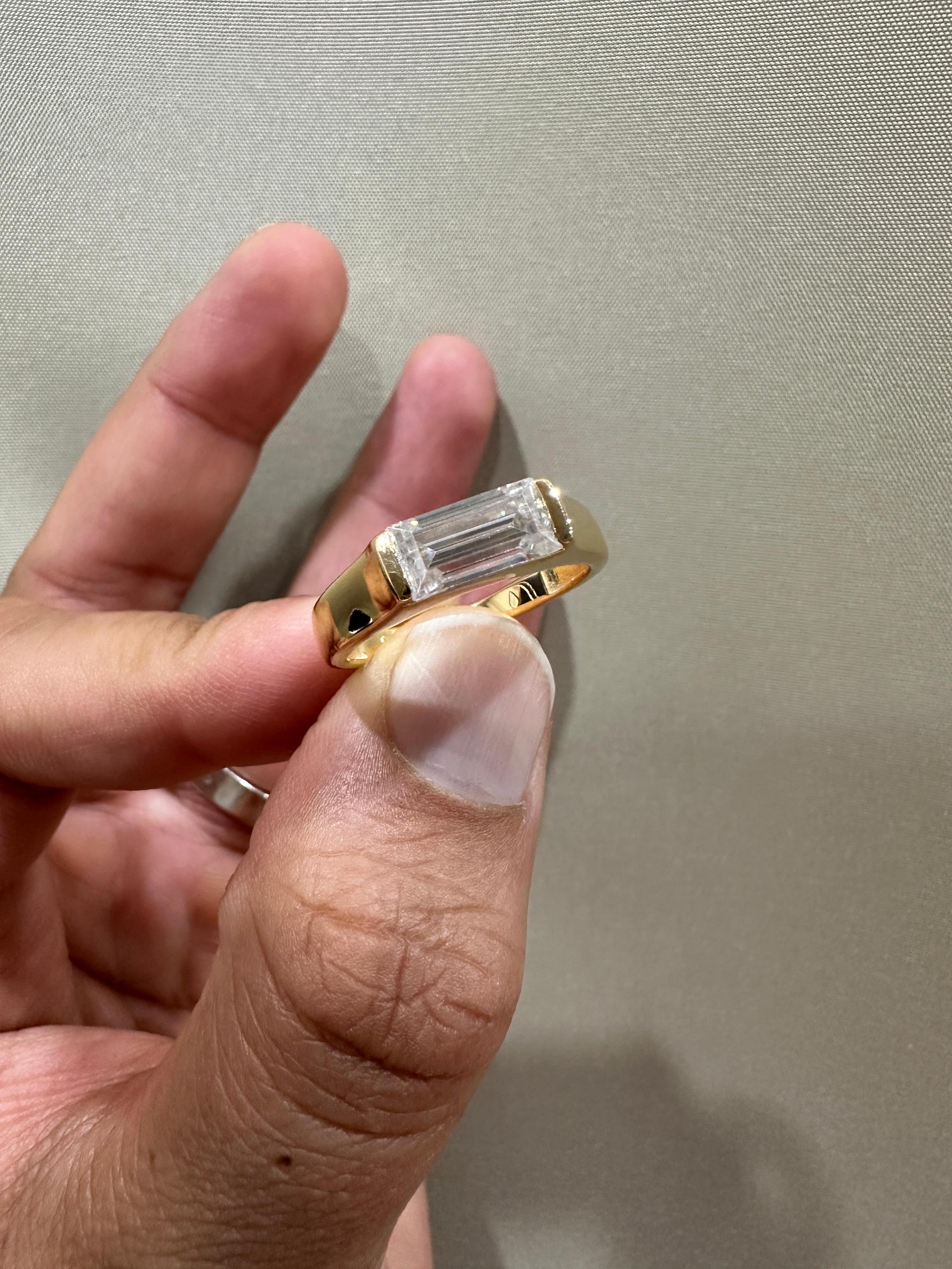 Men's Diamond Engagement Ring: 14K Yellow Gold Baguette cut Signet Ring, 2 CT