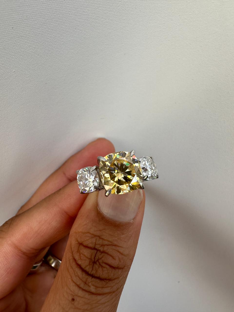 Canary Yellow Cushion Cut Moissanite Sterling Silver Ring | Three Stone Engagement Band