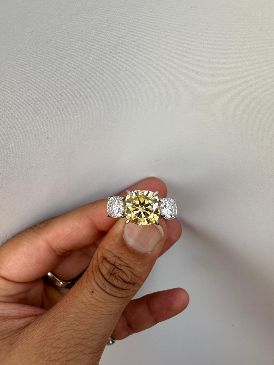 Canary Yellow Cushion Cut Moissanite Sterling Silver Ring | Three Stone Engagement Band
