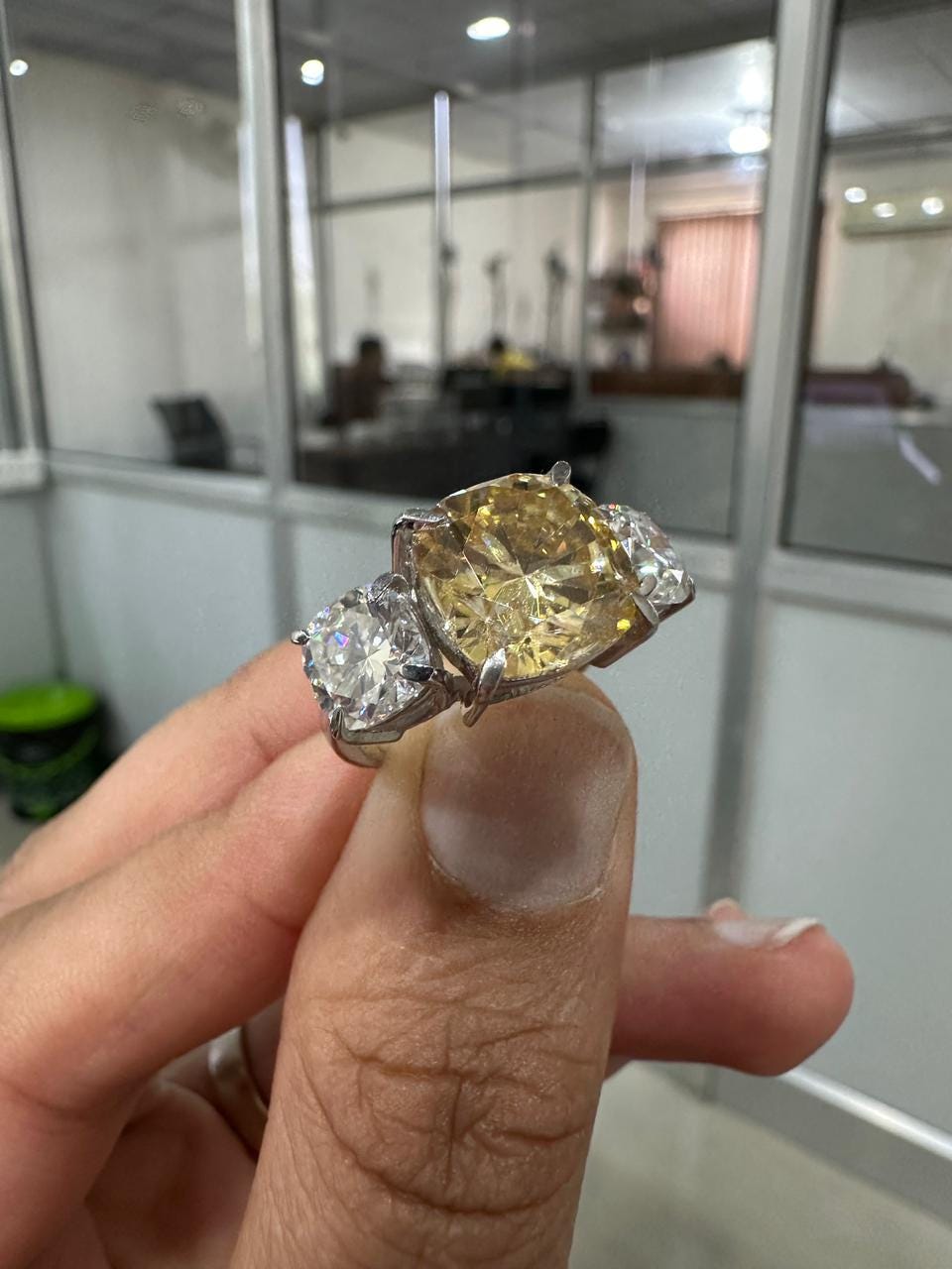 Canary Yellow Cushion Cut Moissanite Sterling Silver Ring | Three Stone Engagement Band