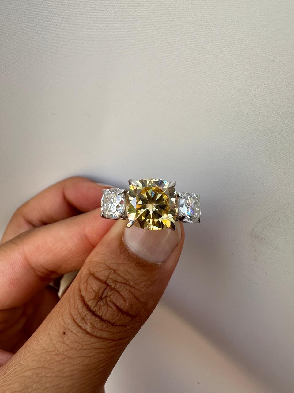 Canary Yellow Cushion Cut Moissanite Sterling Silver Ring | Three Stone Engagement Band