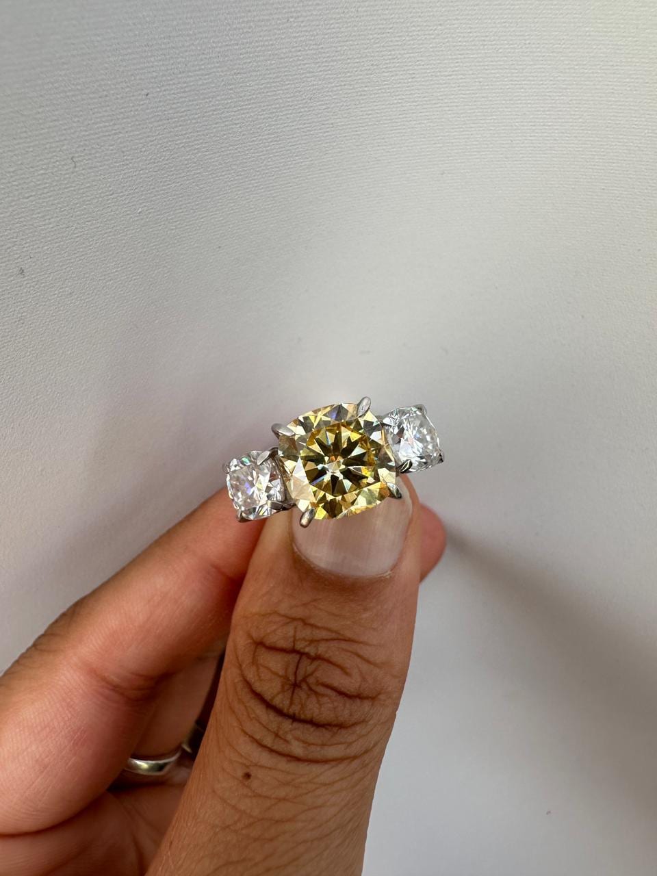 Canary Yellow Cushion Cut Moissanite Sterling Silver Ring | Three Stone Engagement Band