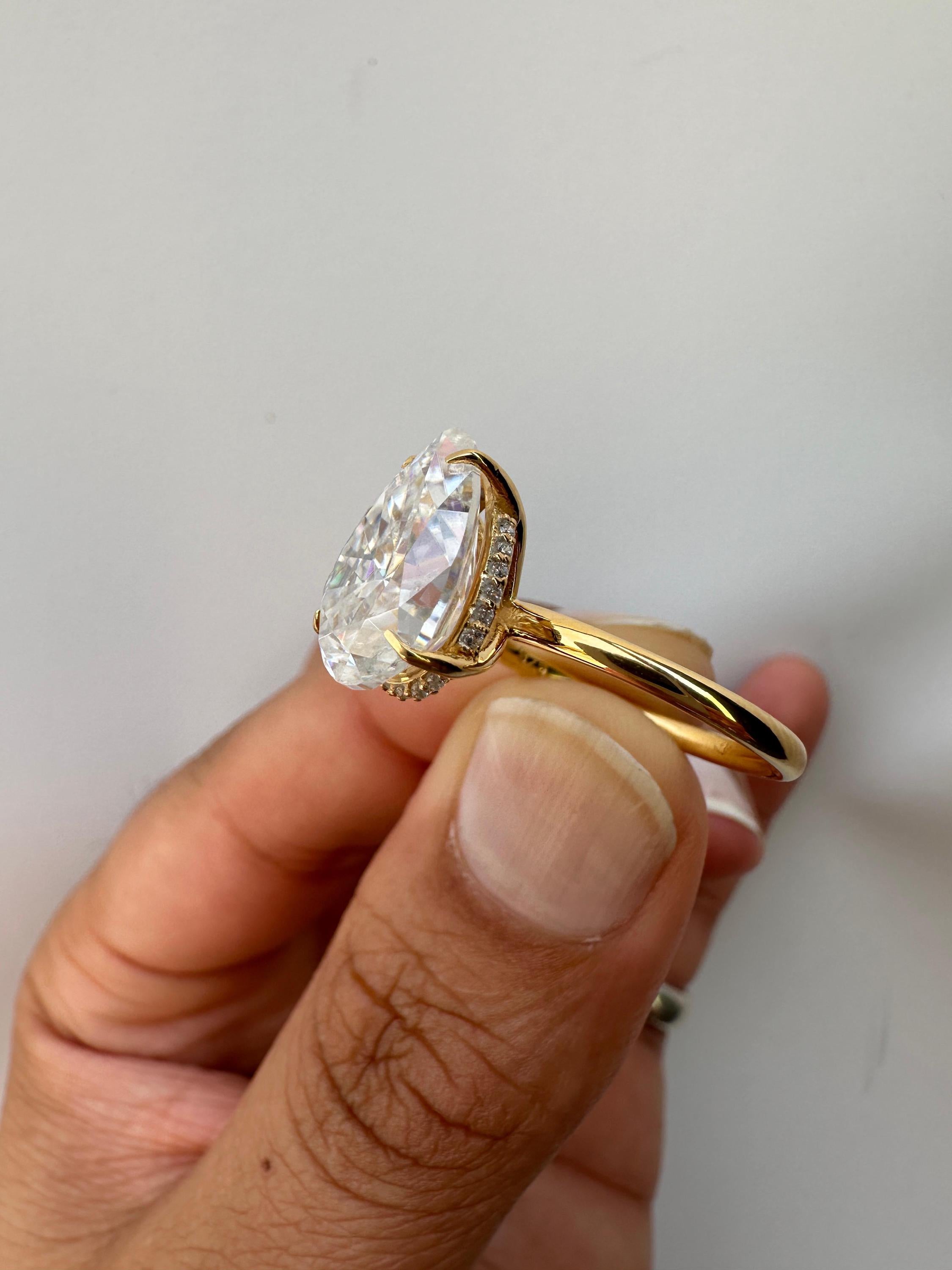 6 Carat Pear Moissanite Engagement Ring | 14K Yellow Gold Solitaire with Hidden Halo