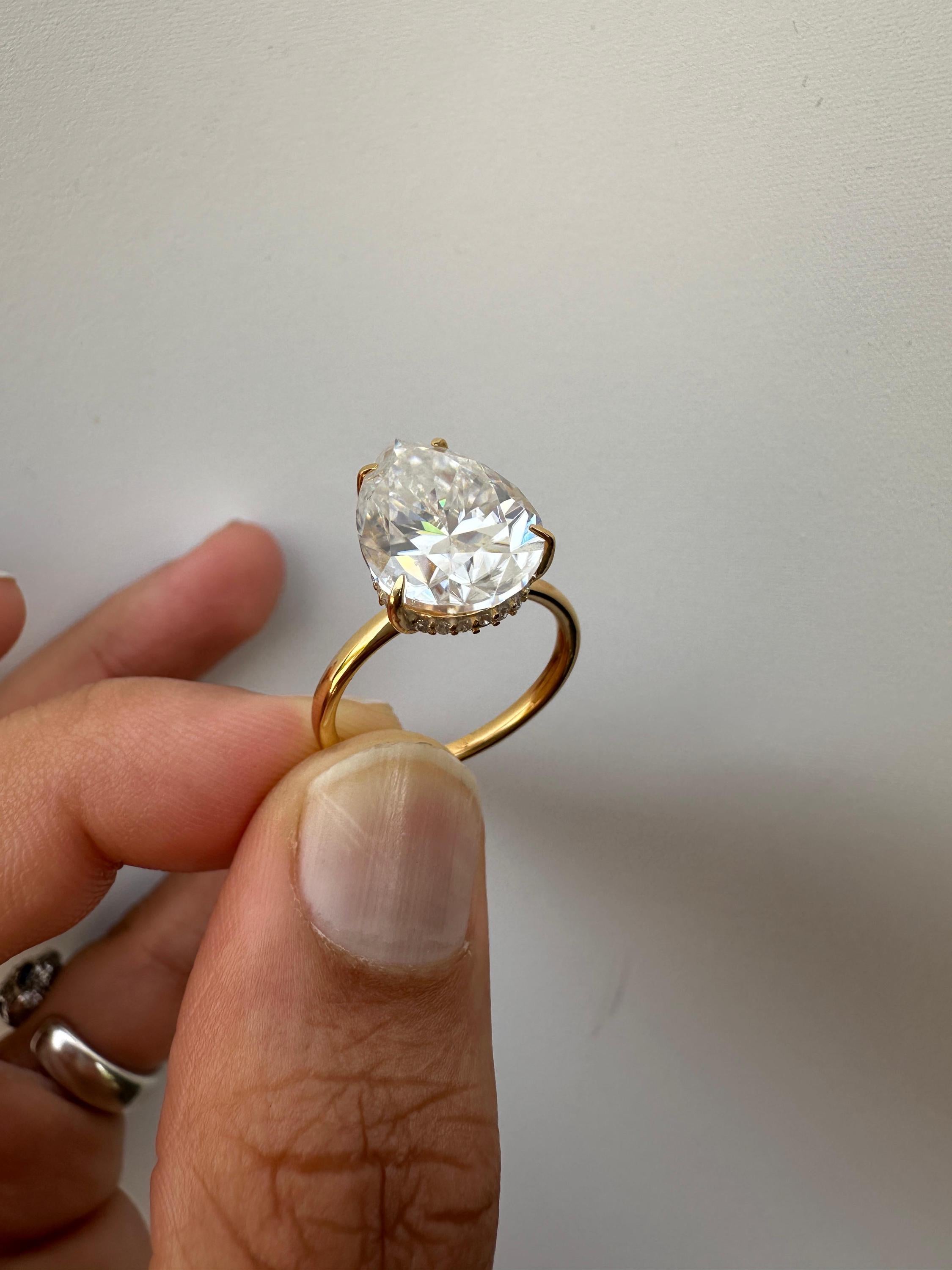 6 Carat Pear Moissanite Engagement Ring | 14K Yellow Gold Solitaire with Hidden Halo