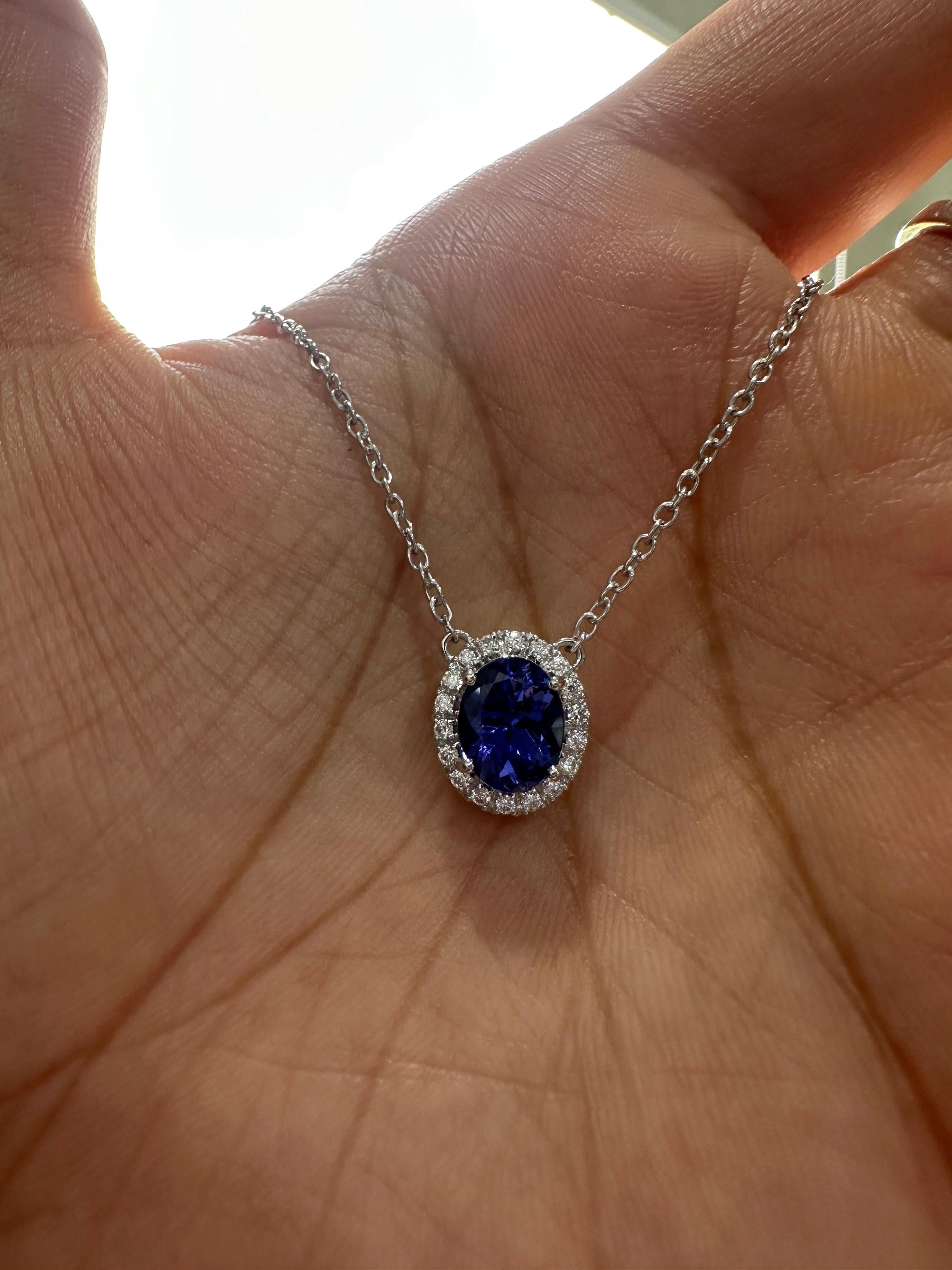 14k White Gold Tanzanite Diamond Halo Pendant, Blue Violet Gemstone Necklace