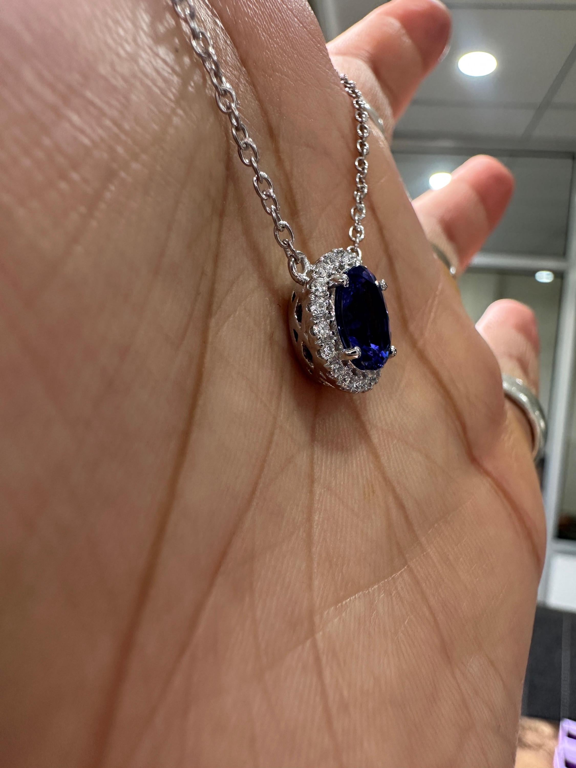 14k White Gold Tanzanite Diamond Halo Pendant, Blue Violet Gemstone Necklace