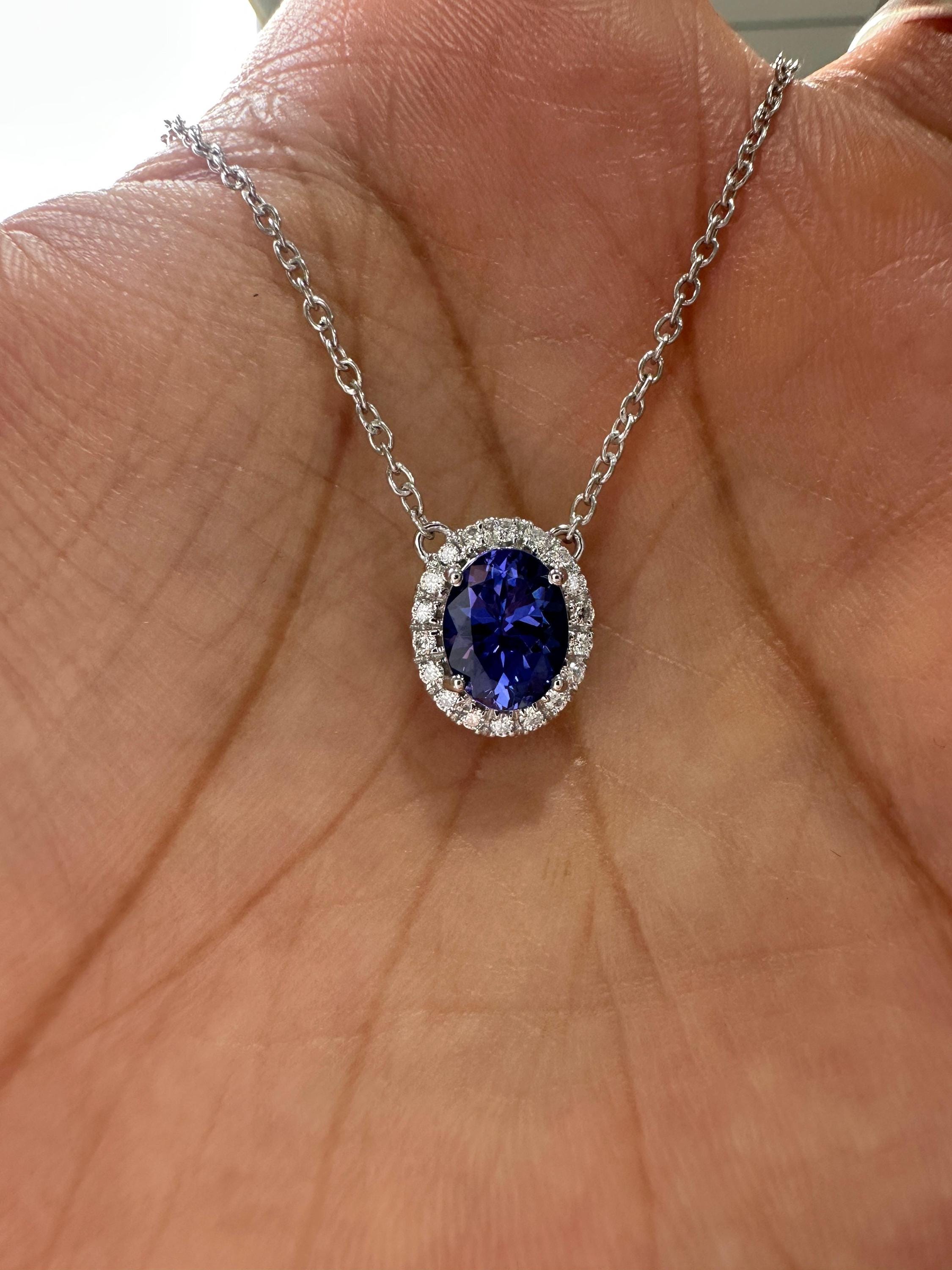 14k White Gold Tanzanite Diamond Halo Pendant, Blue Violet Gemstone Necklace
