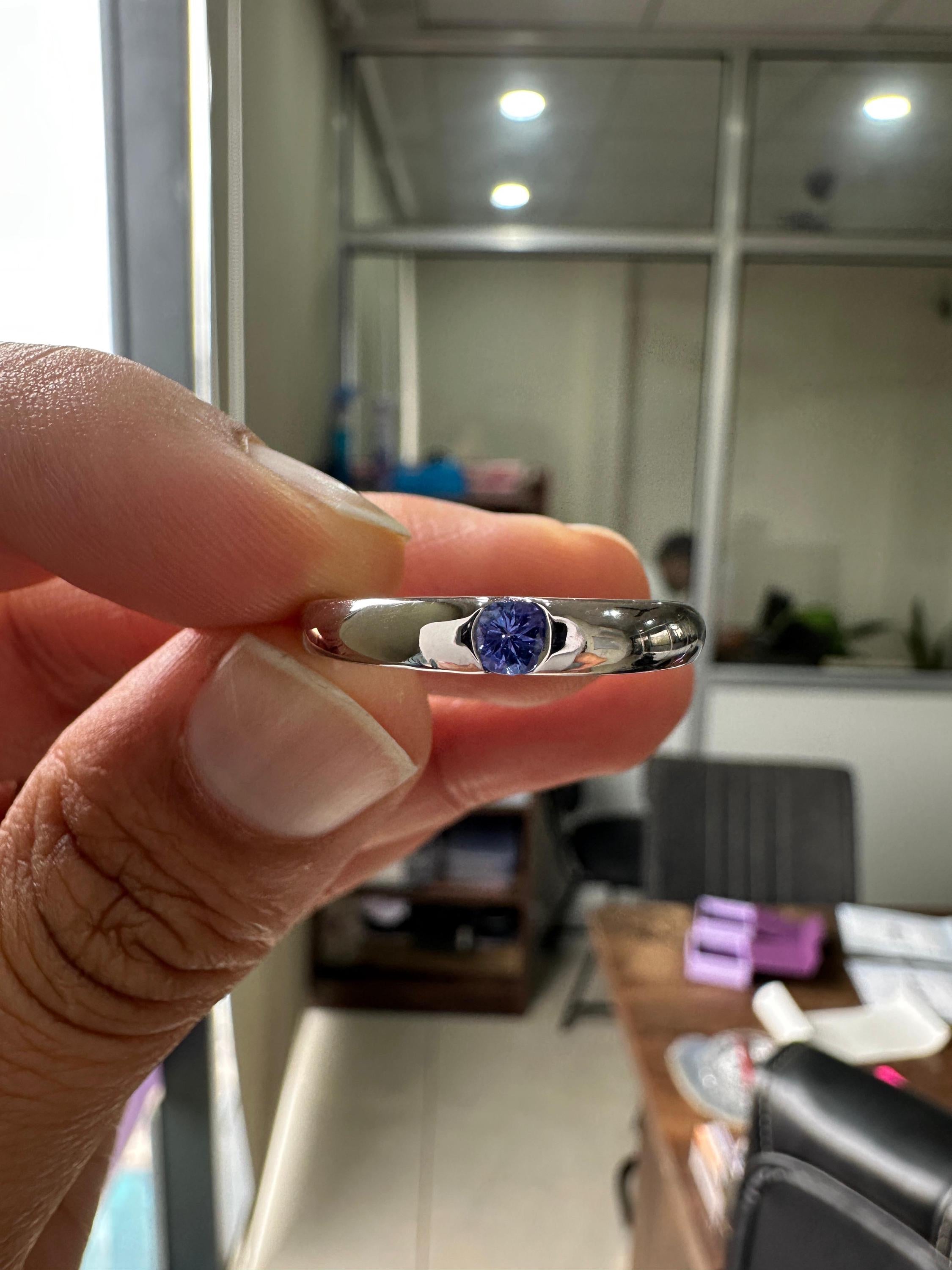 14K White Gold Tanzanite Engagement Band Ring | Minimalist Half Bezel Couple Ring