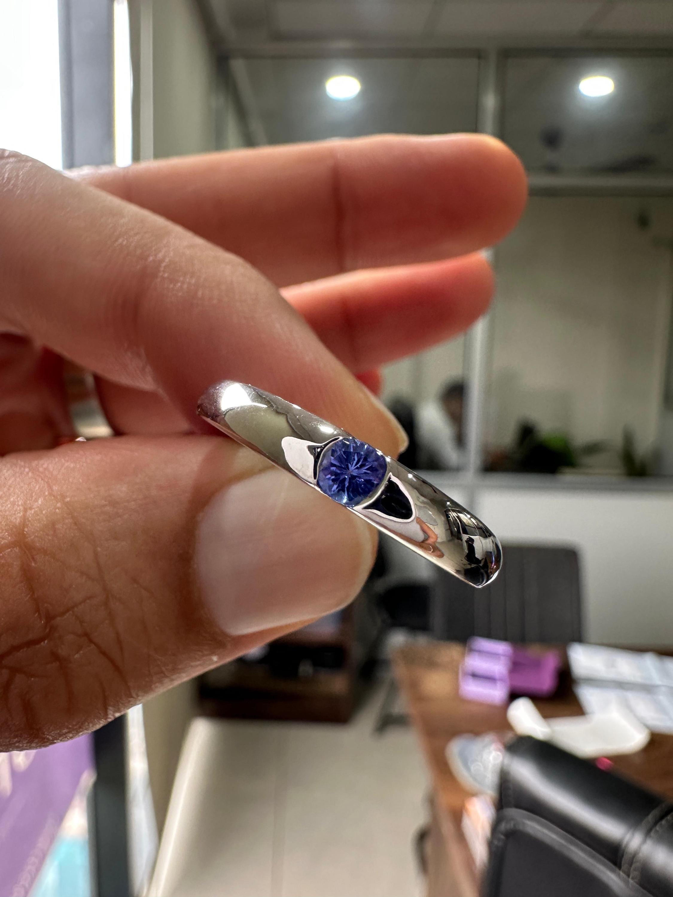 14K White Gold Tanzanite Engagement Band Ring | Minimalist Half Bezel Couple Ring