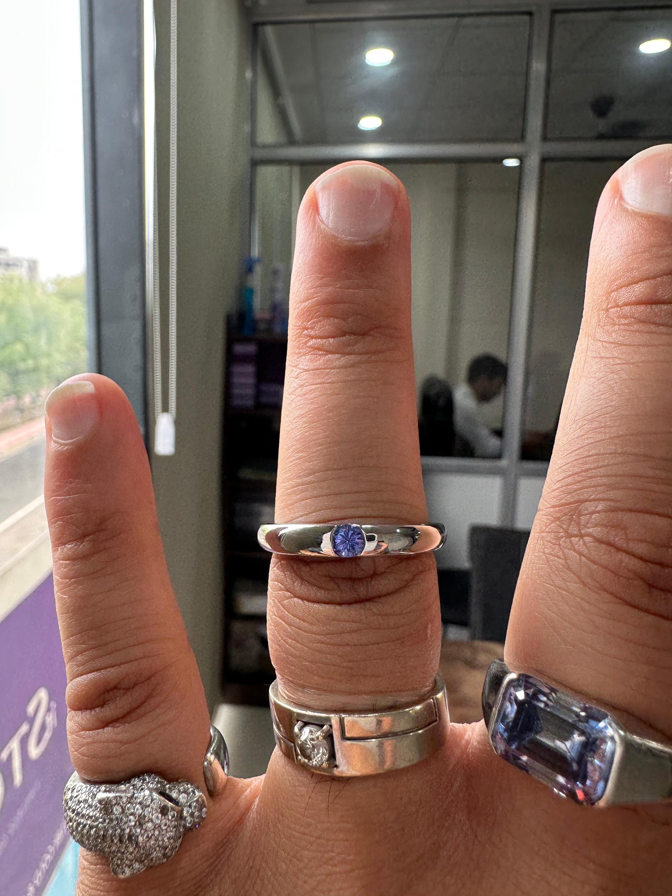 14K White Gold Tanzanite Engagement Band Ring | Minimalist Half Bezel Couple Ring
