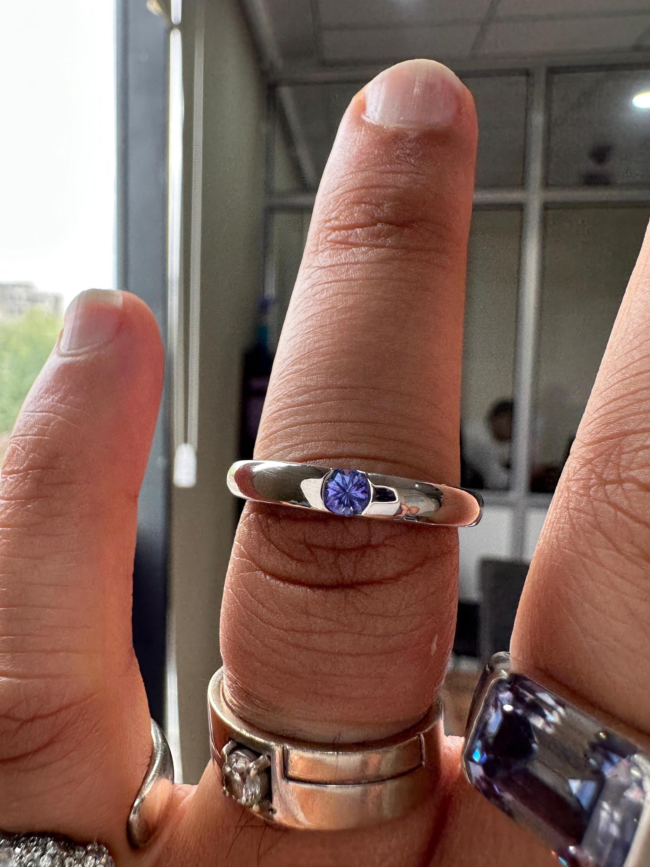 14K White Gold Tanzanite Engagement Band Ring | Minimalist Half Bezel Couple Ring