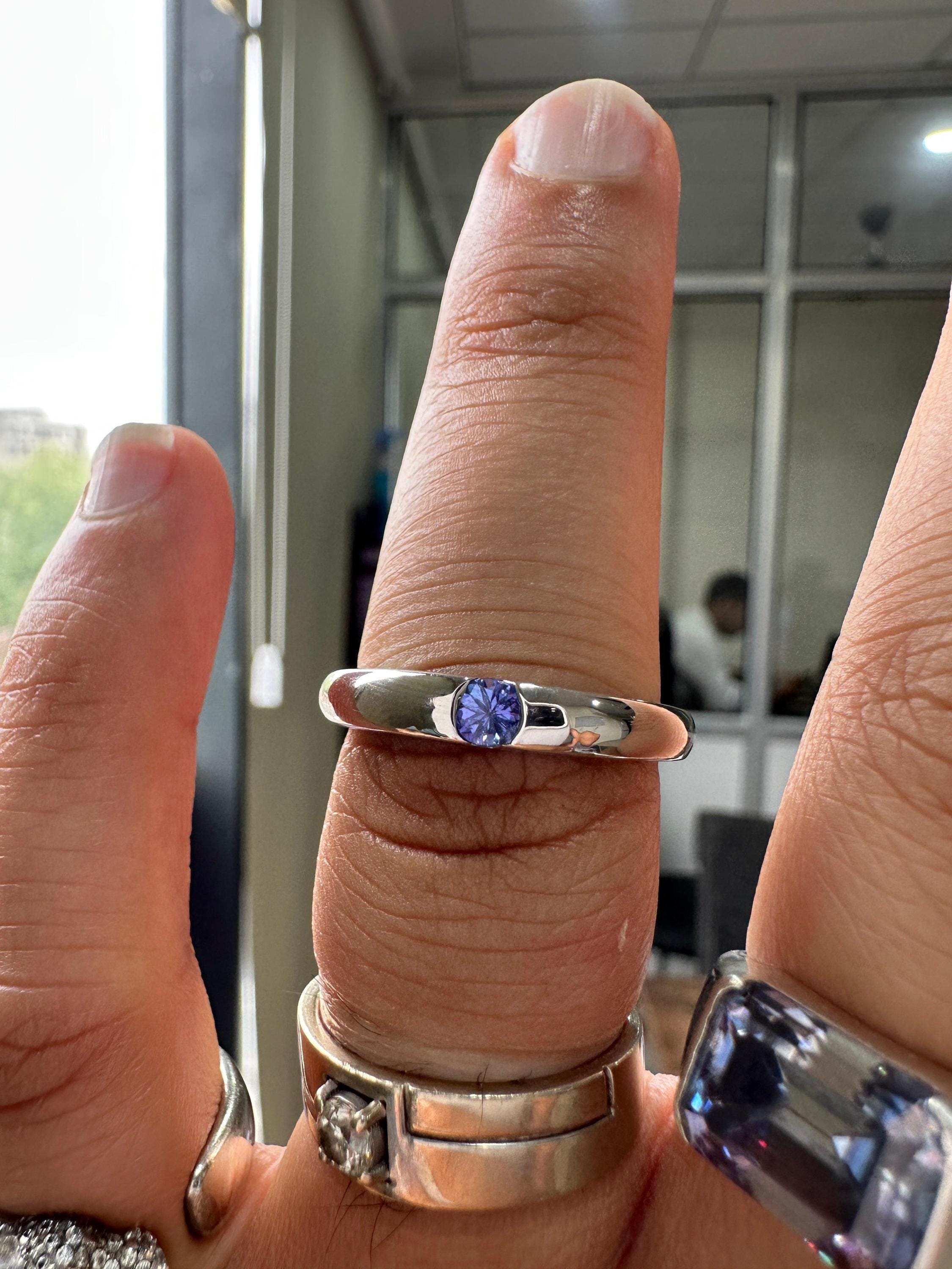 14K White Gold Tanzanite Engagement Band Ring | Minimalist Half Bezel Couple Ring