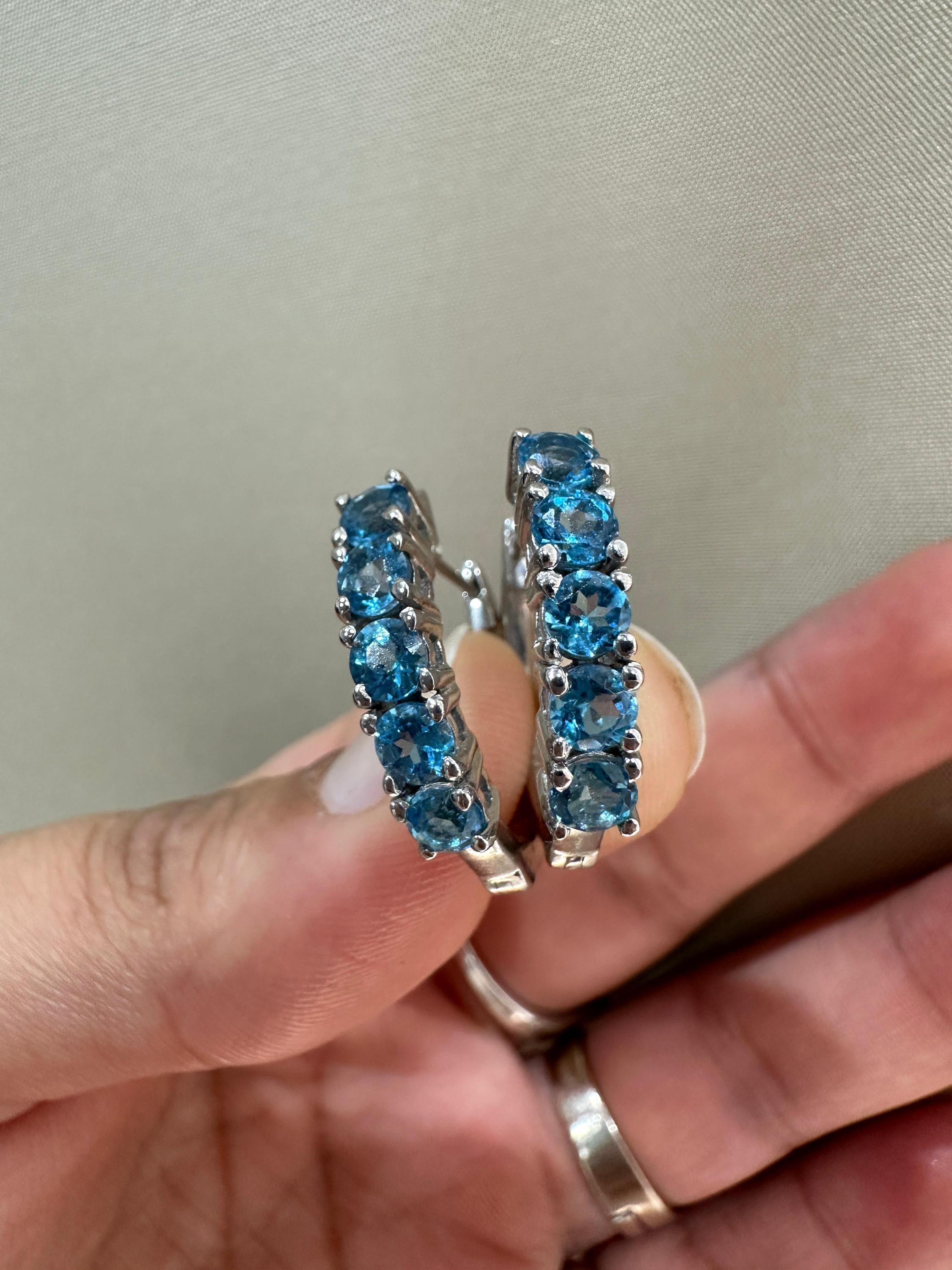 Natural Blue Topaz Huggie Hoop Earrings 14K White Gold | Fine Jewelry Gift for Her