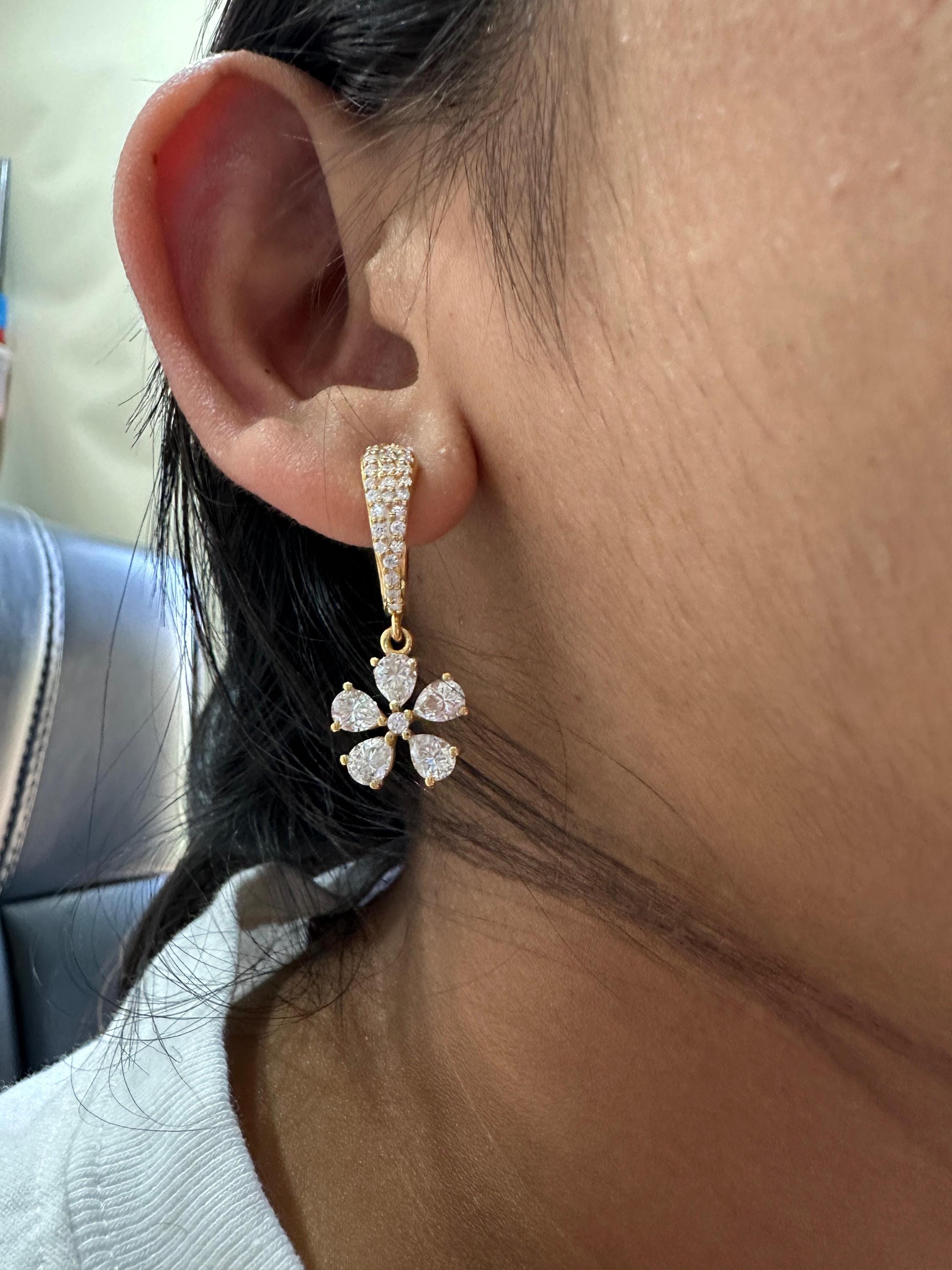 Luxury Moissanite Flower Hoop Drop Earrings, Unique Pear Cut Bridal Jewelry