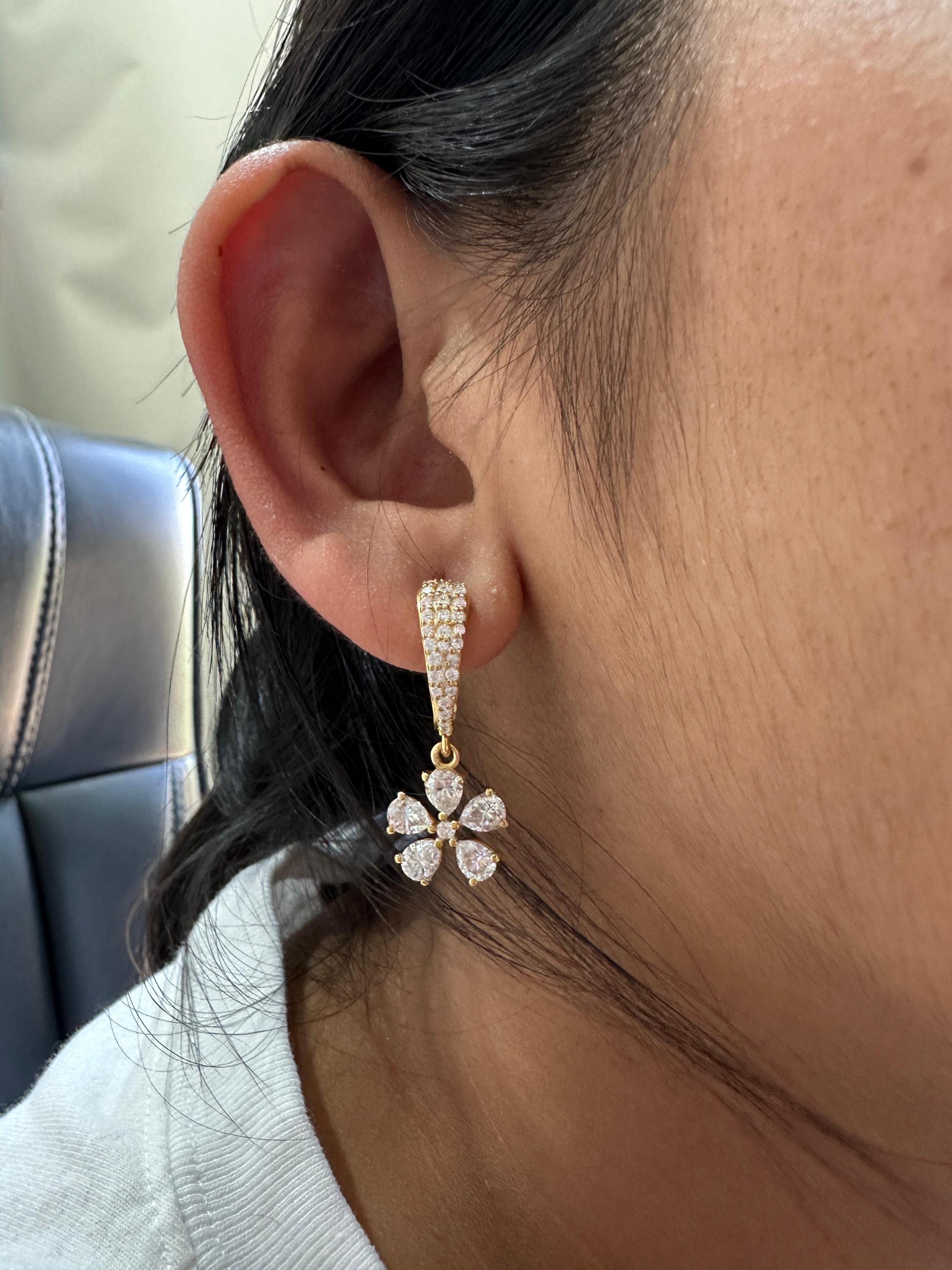 Luxury Moissanite Flower Hoop Drop Earrings, Unique Pear Cut Bridal Jewelry