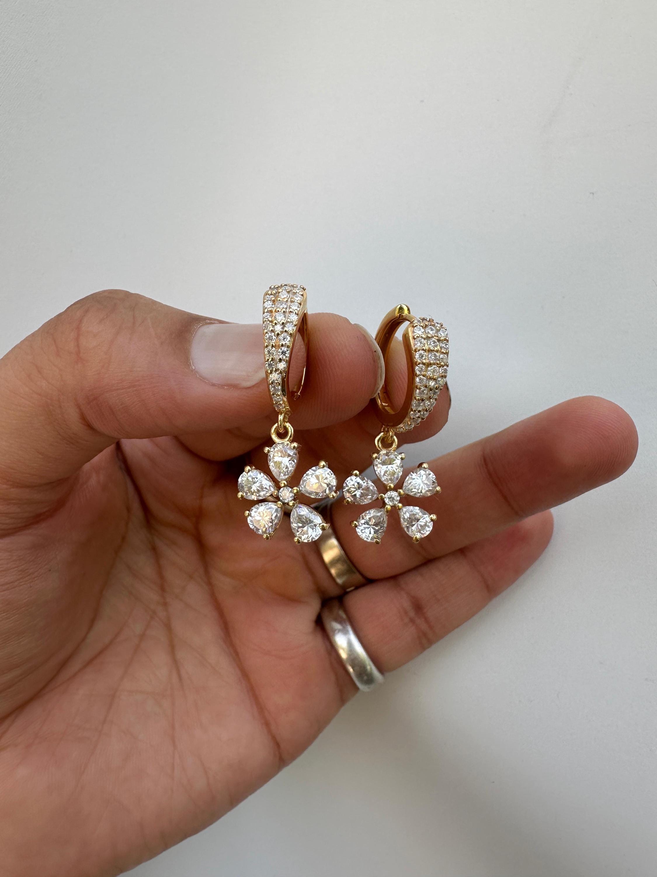 Luxury Moissanite Flower Hoop Drop Earrings, Unique Pear Cut Bridal Jewelry