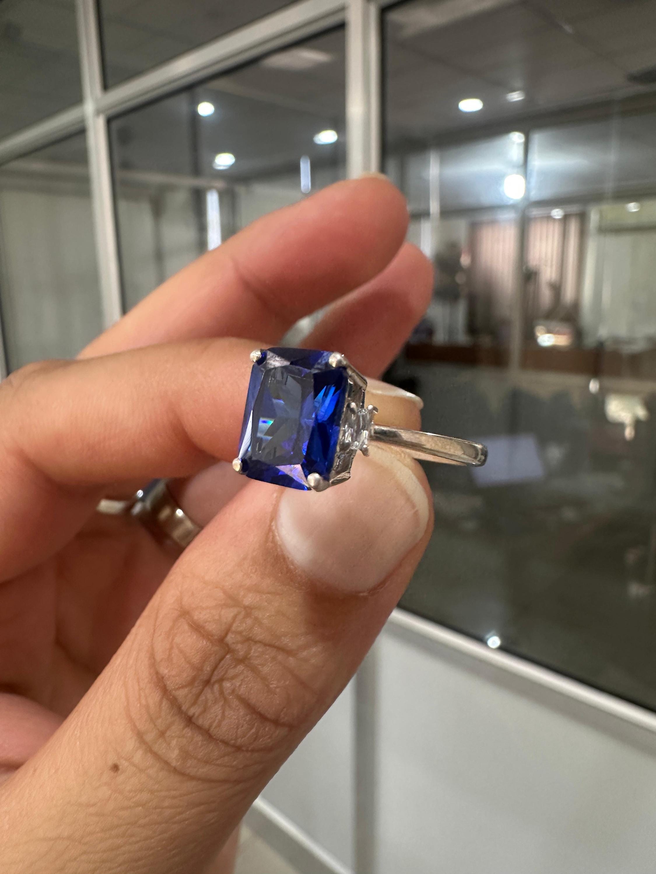 Emerald Cut Lab Sapphire Ring, Three Stone Baguette Moissanite, 14K White Gold Engagement Ring