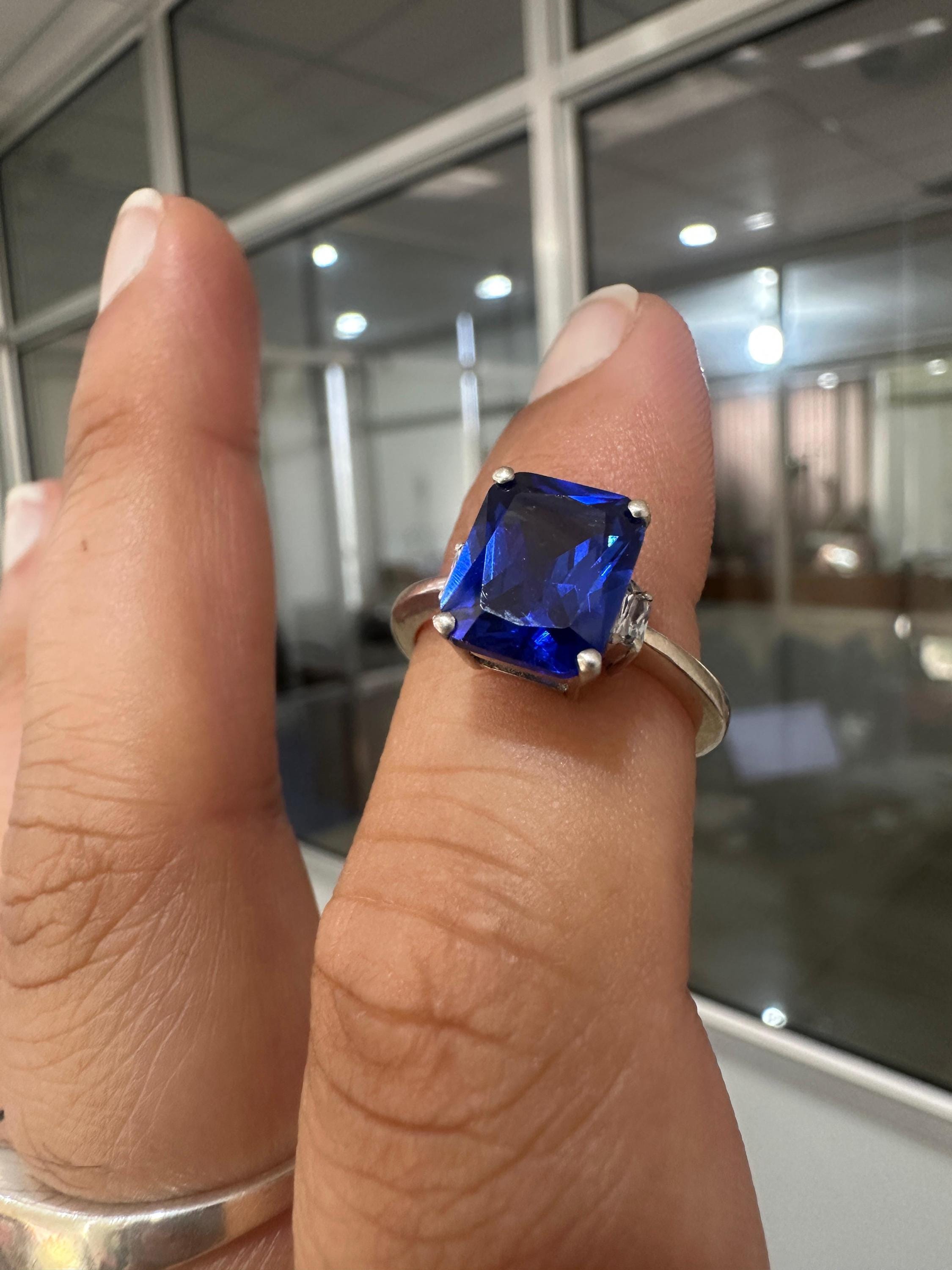 Emerald Cut Lab Sapphire Ring, Three Stone Baguette Moissanite, 14K White Gold Engagement Ring