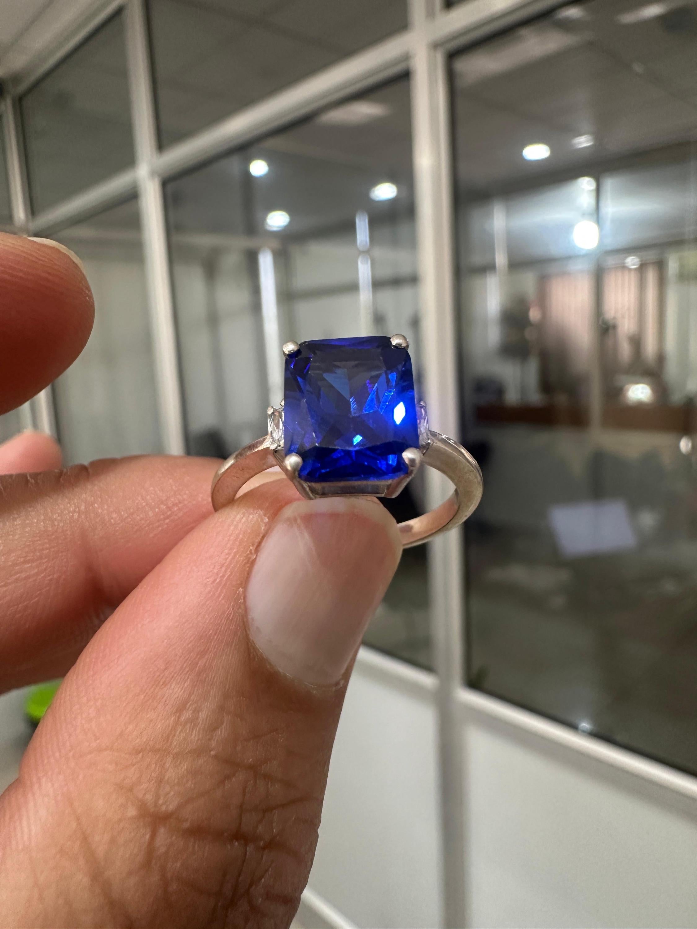 Emerald Cut Lab Sapphire Ring, Three Stone Baguette Moissanite, 14K White Gold Engagement Ring