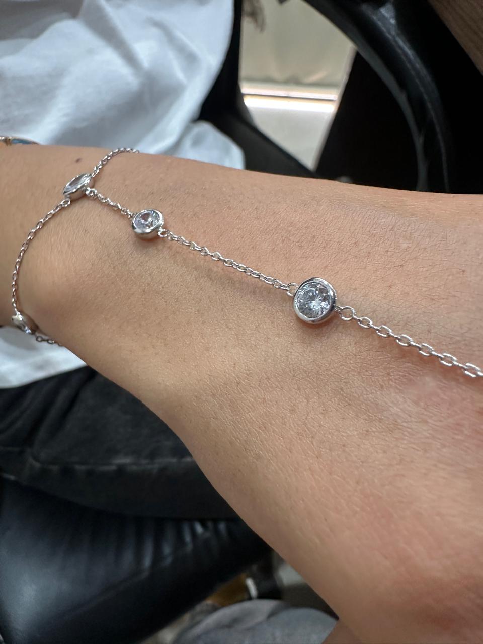 Moissanite Hand Chain Bracelet, Bezel Set Chain Bracelet, 925 Sterling Silver Slave Bracelet