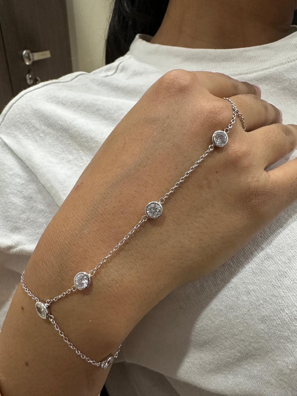 Moissanite Hand Chain Bracelet, Bezel Set Chain Bracelet, 925 Sterling Silver Slave Bracelet