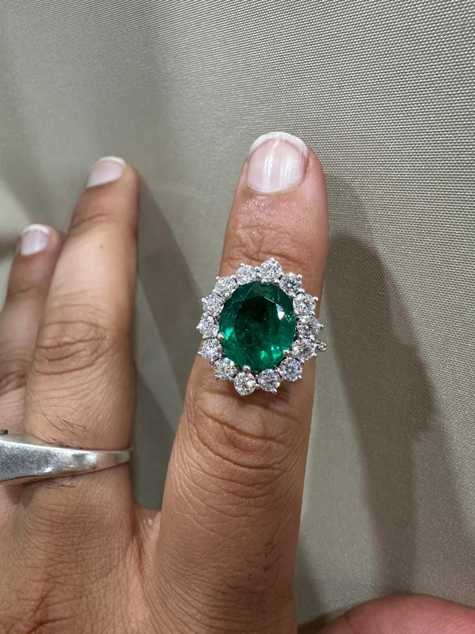 Oval Emerald Sunflower Halo Engagement Ring, Pave Band Statement Ring