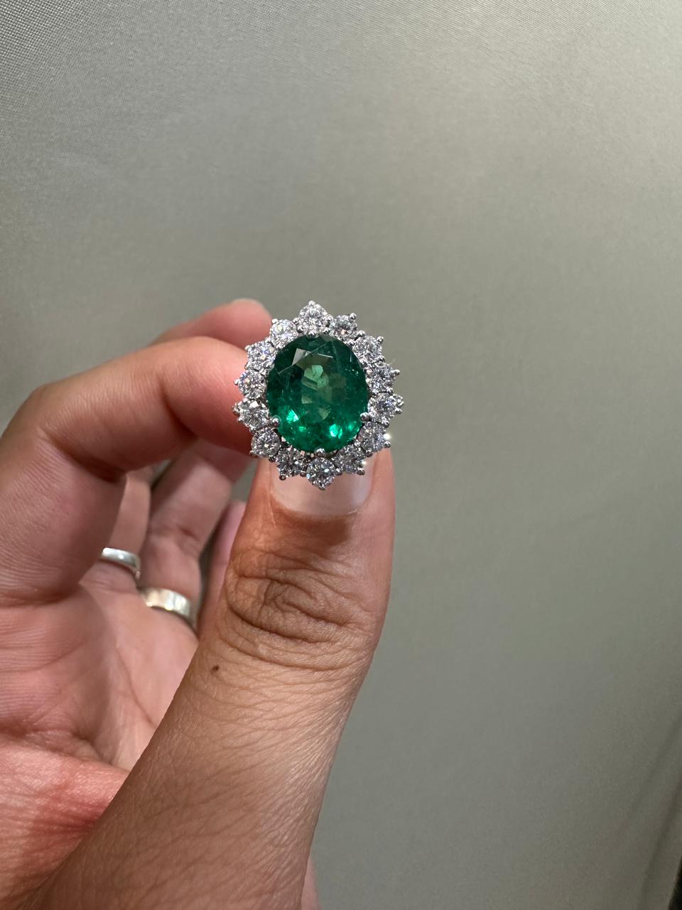 Oval Emerald Sunflower Halo Engagement Ring, Pave Band Statement Ring