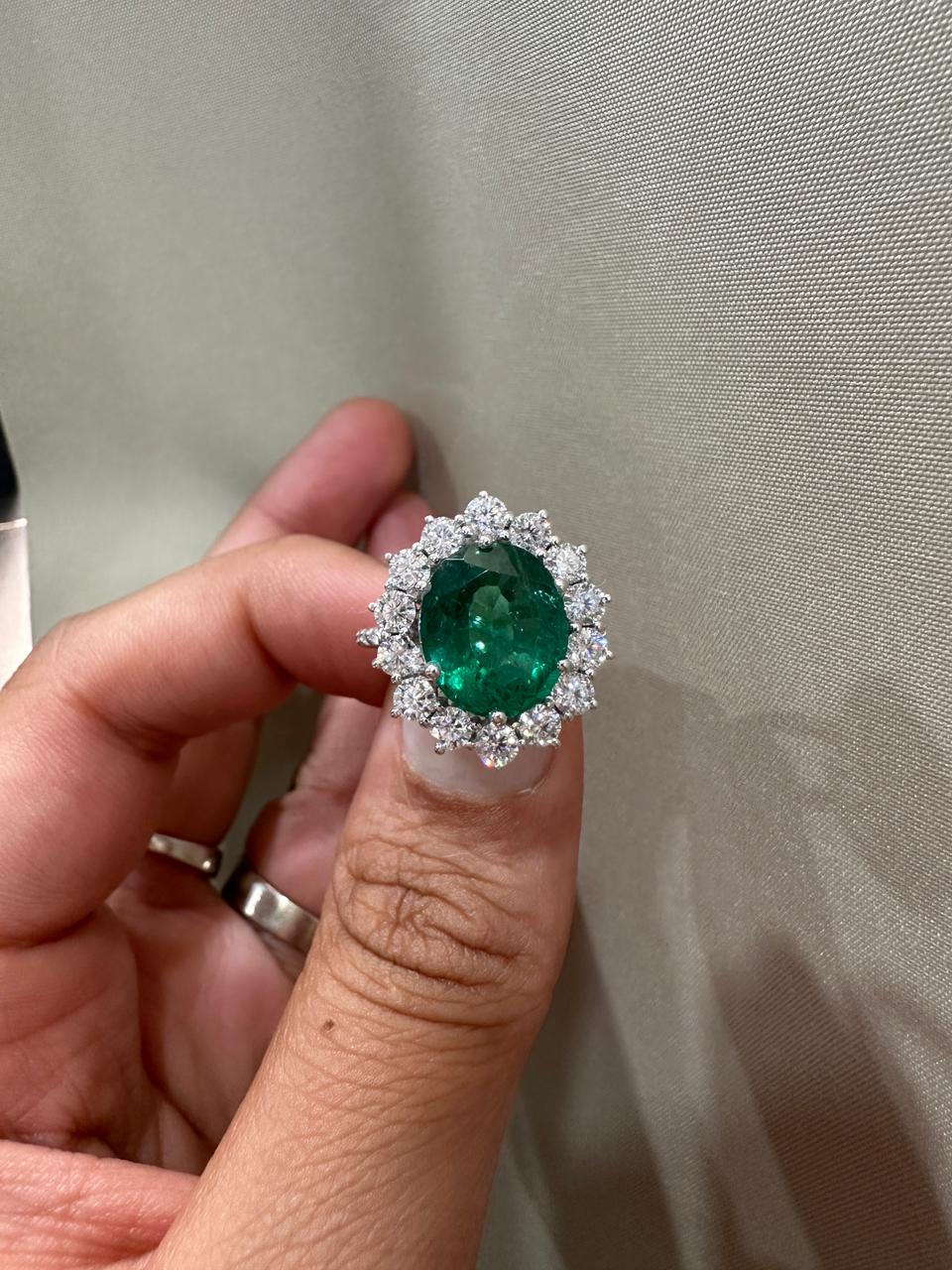 Oval Emerald Sunflower Halo Engagement Ring, Pave Band Statement Ring