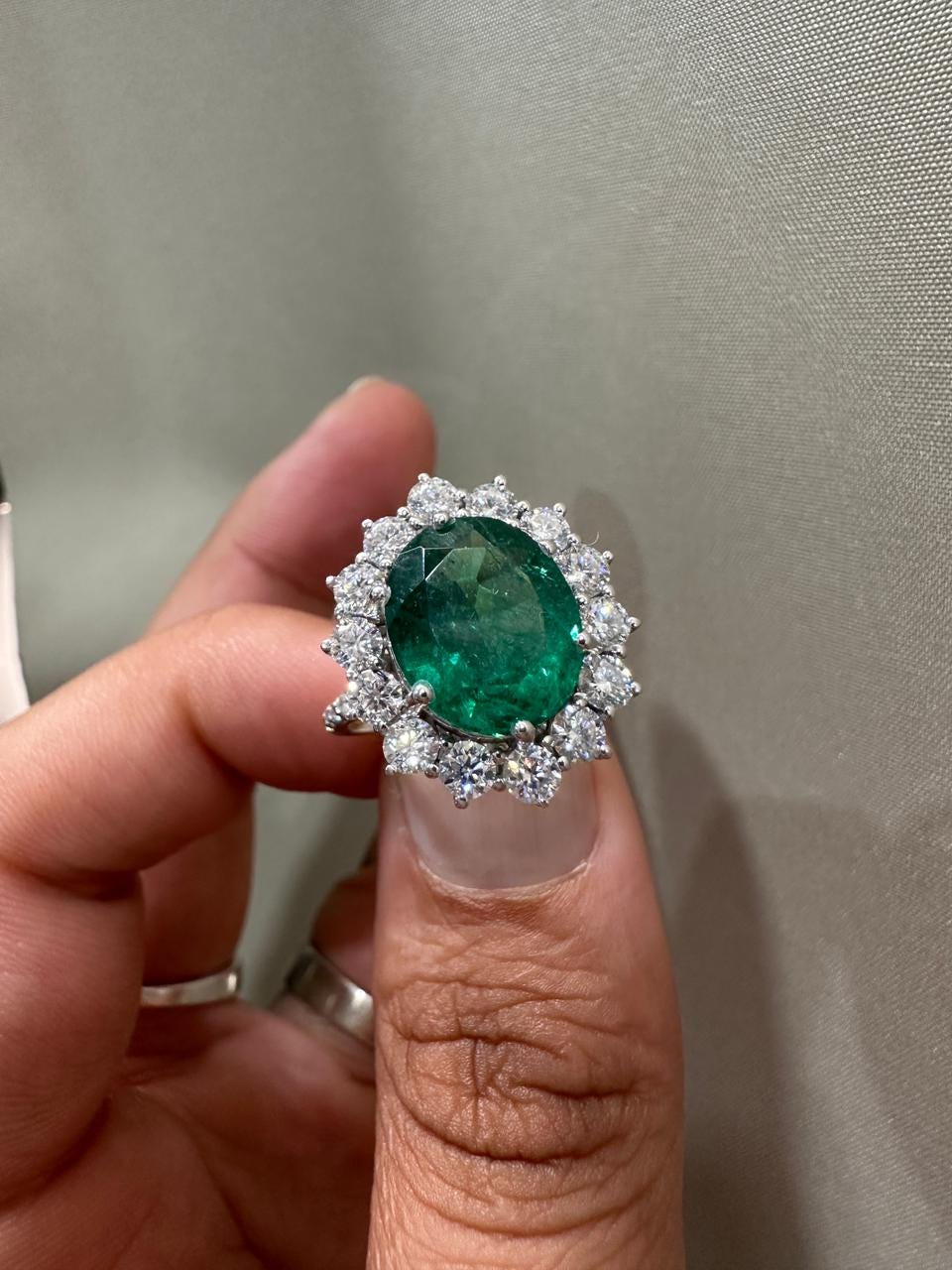 Oval Emerald Sunflower Halo Engagement Ring, Pave Band Statement Ring