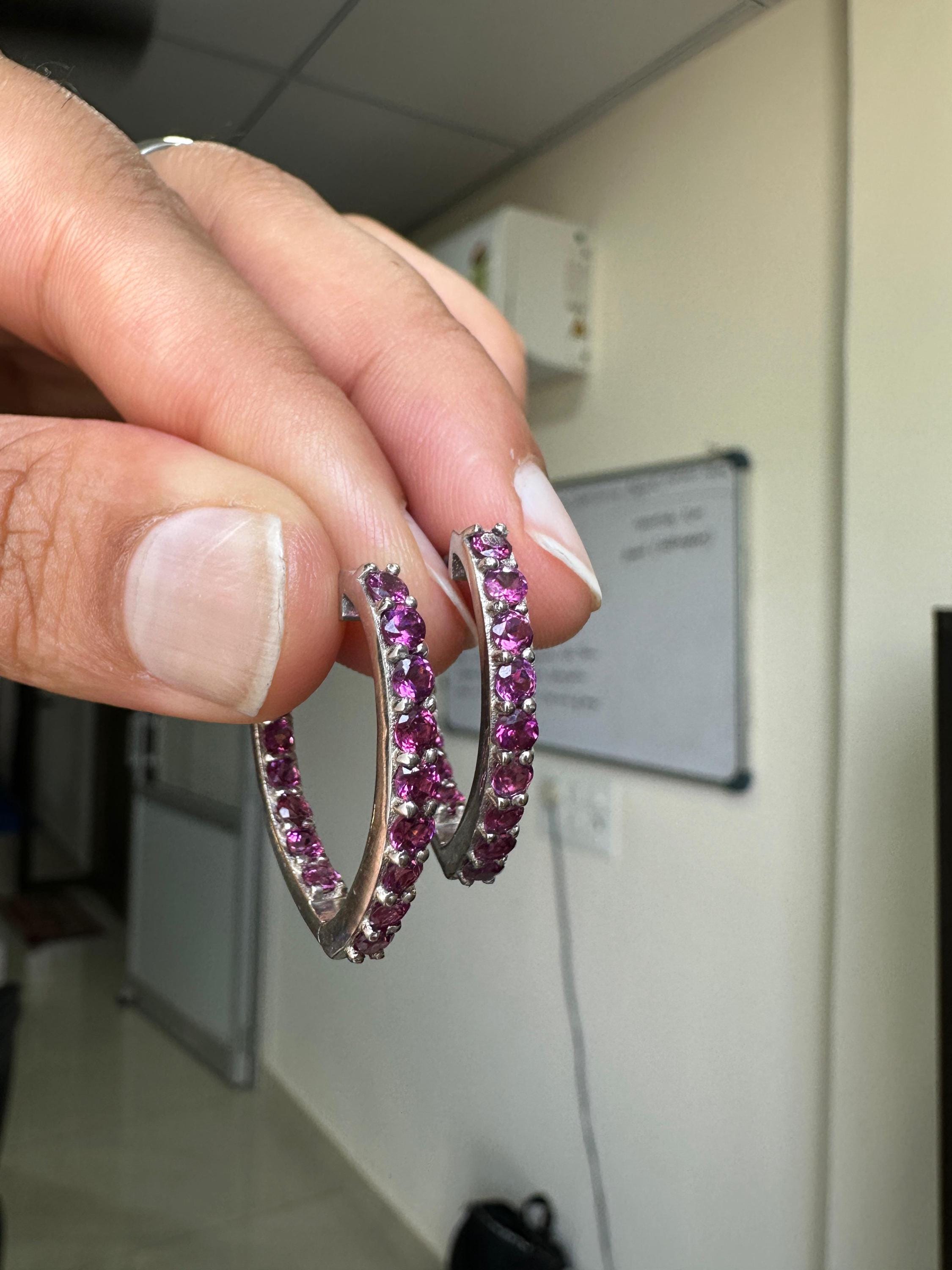Rhodolite Inside Out Huggie Hoop Earrings | 925 Sterling Silver, Christmas Gift for her