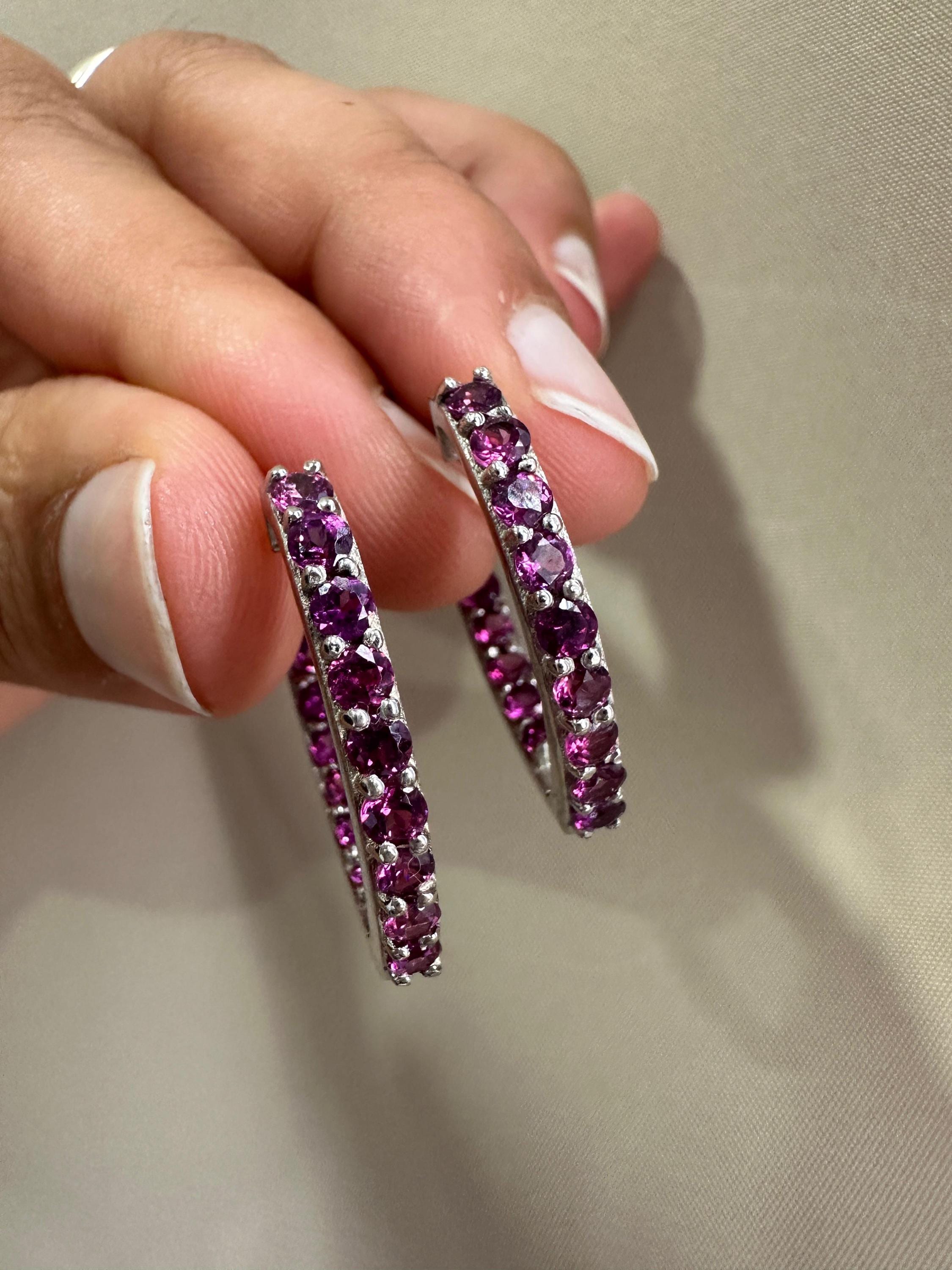 Rhodolite Inside Out Huggie Hoop Earrings | 925 Sterling Silver, Christmas Gift for her