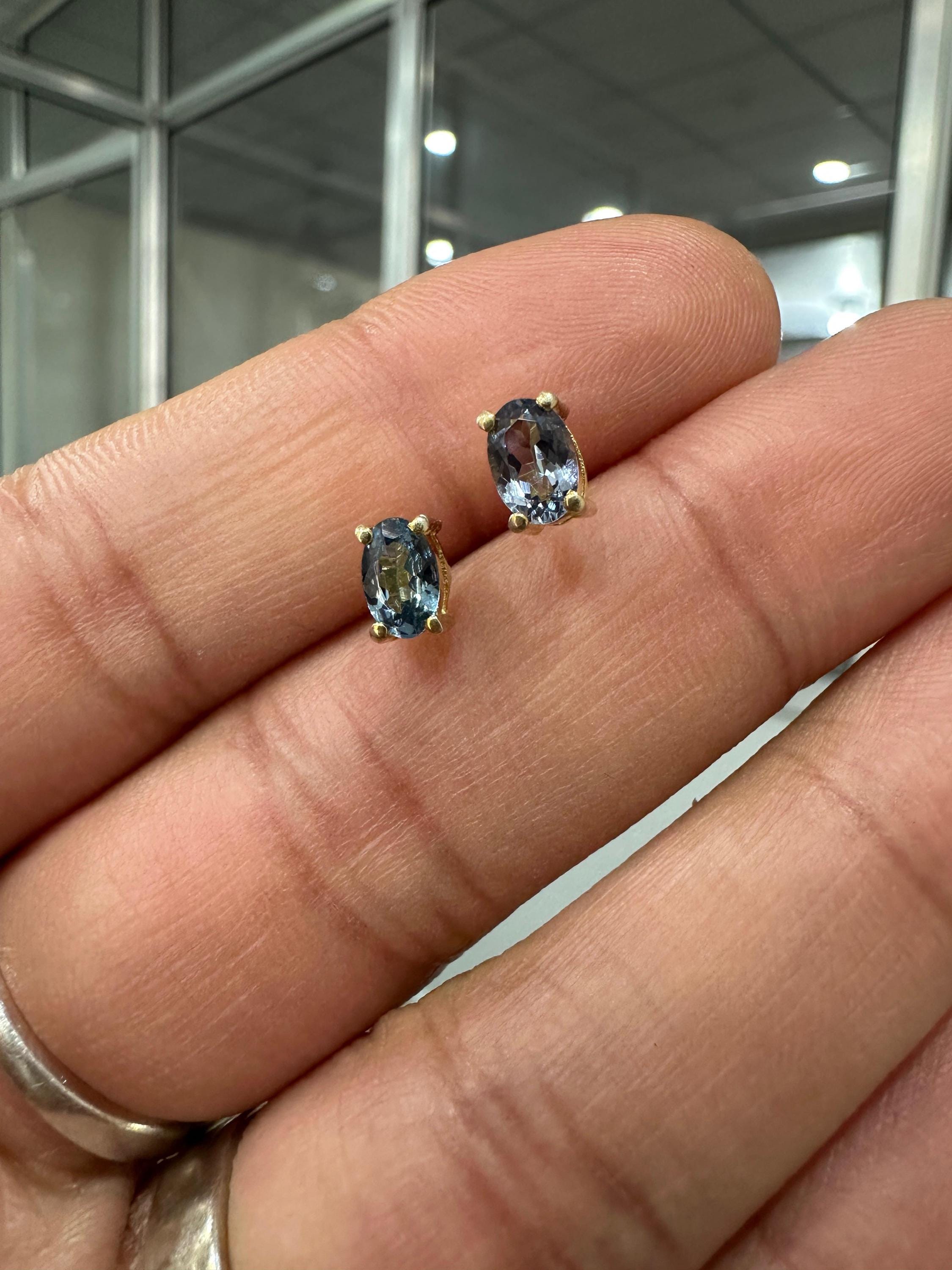 Oval London Blue Topaz Stud Earrings | 14K Yellow Gold, December Birthstone