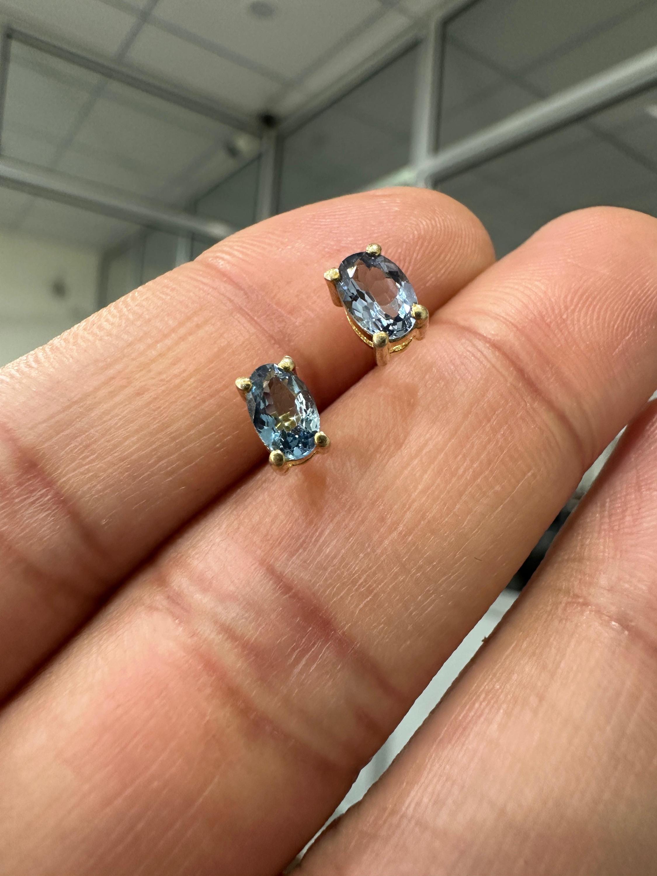 Oval London Blue Topaz Stud Earrings | 14K Yellow Gold, December Birthstone