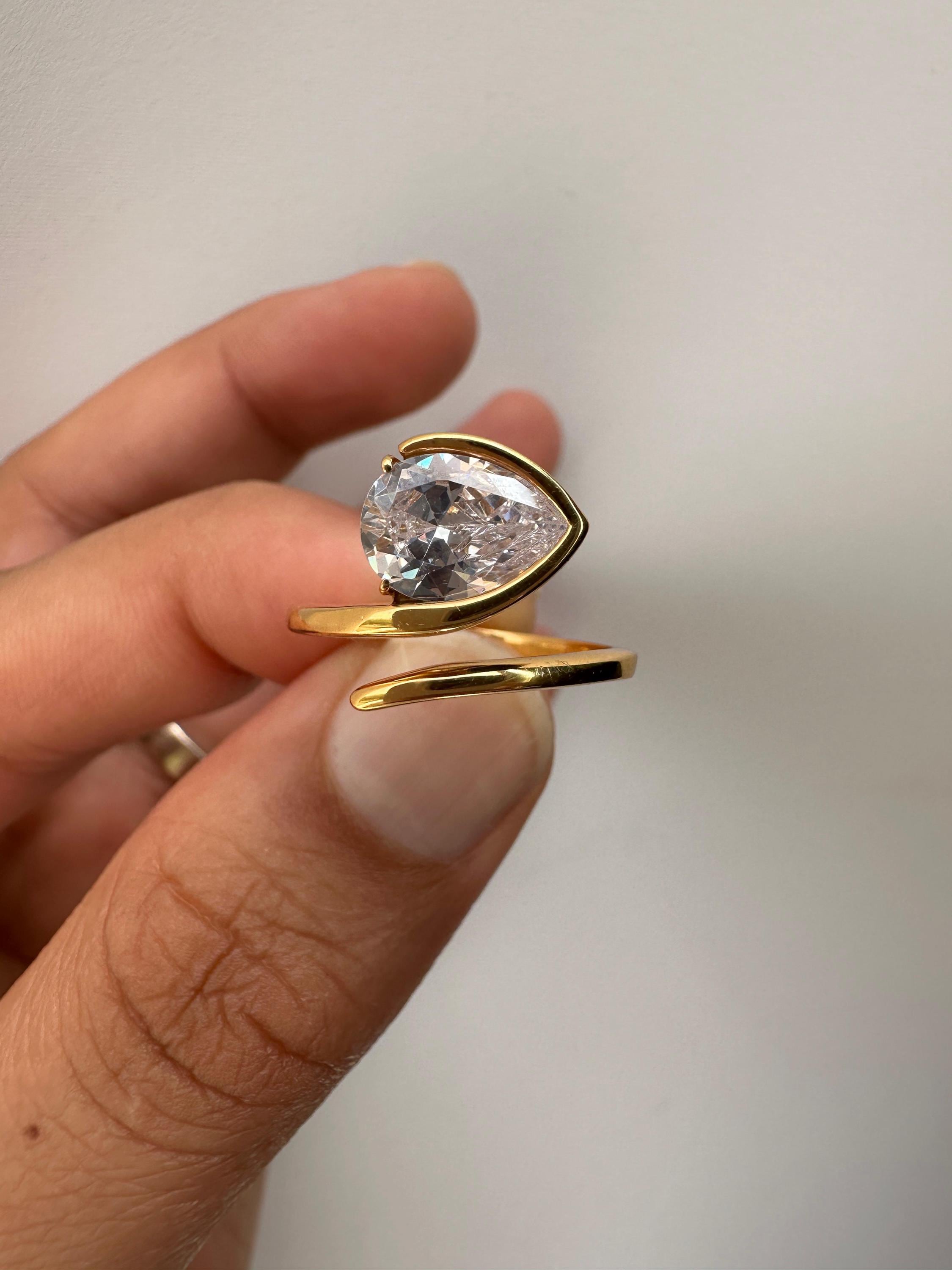 Pear Moissanite Adjustable Ring: Gold Vermeil Open Wrap Statement Piece