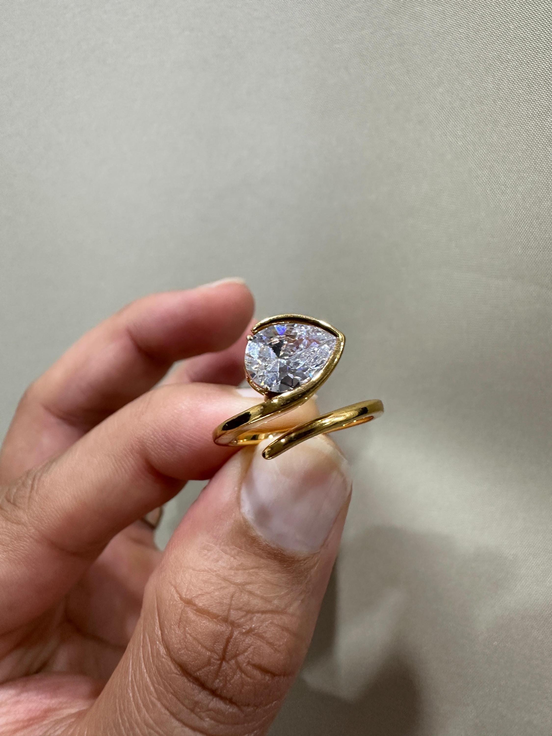 Pear Moissanite Adjustable Ring: Gold Vermeil Open Wrap Statement Piece